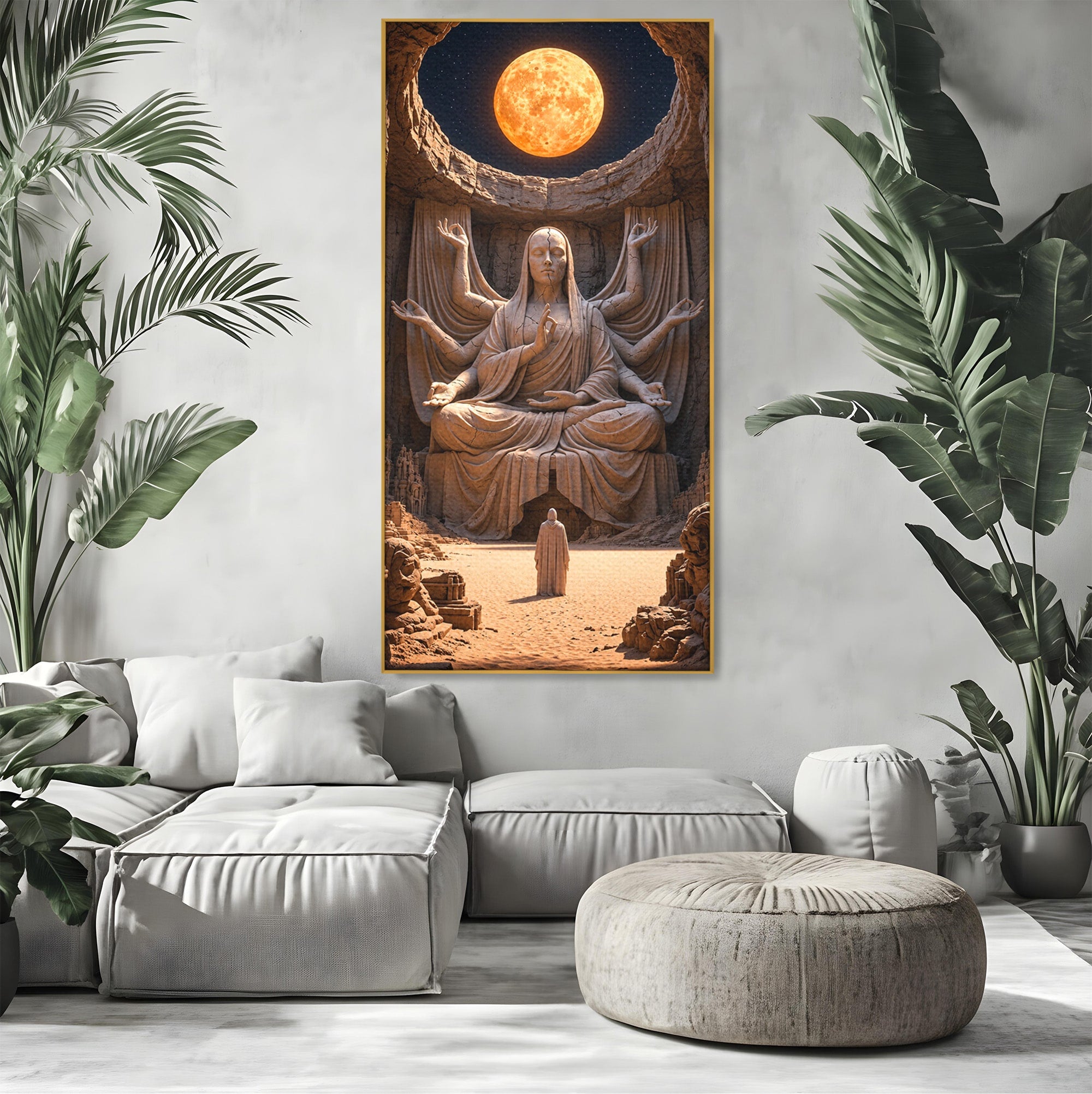 Tablou Canvas Premium LuxCanva® U1077, Sanctuarul Lunii, Zeita, Luna, Statuie, Mistic, Meditatie, Dormitor, Living, Culori Vibrante