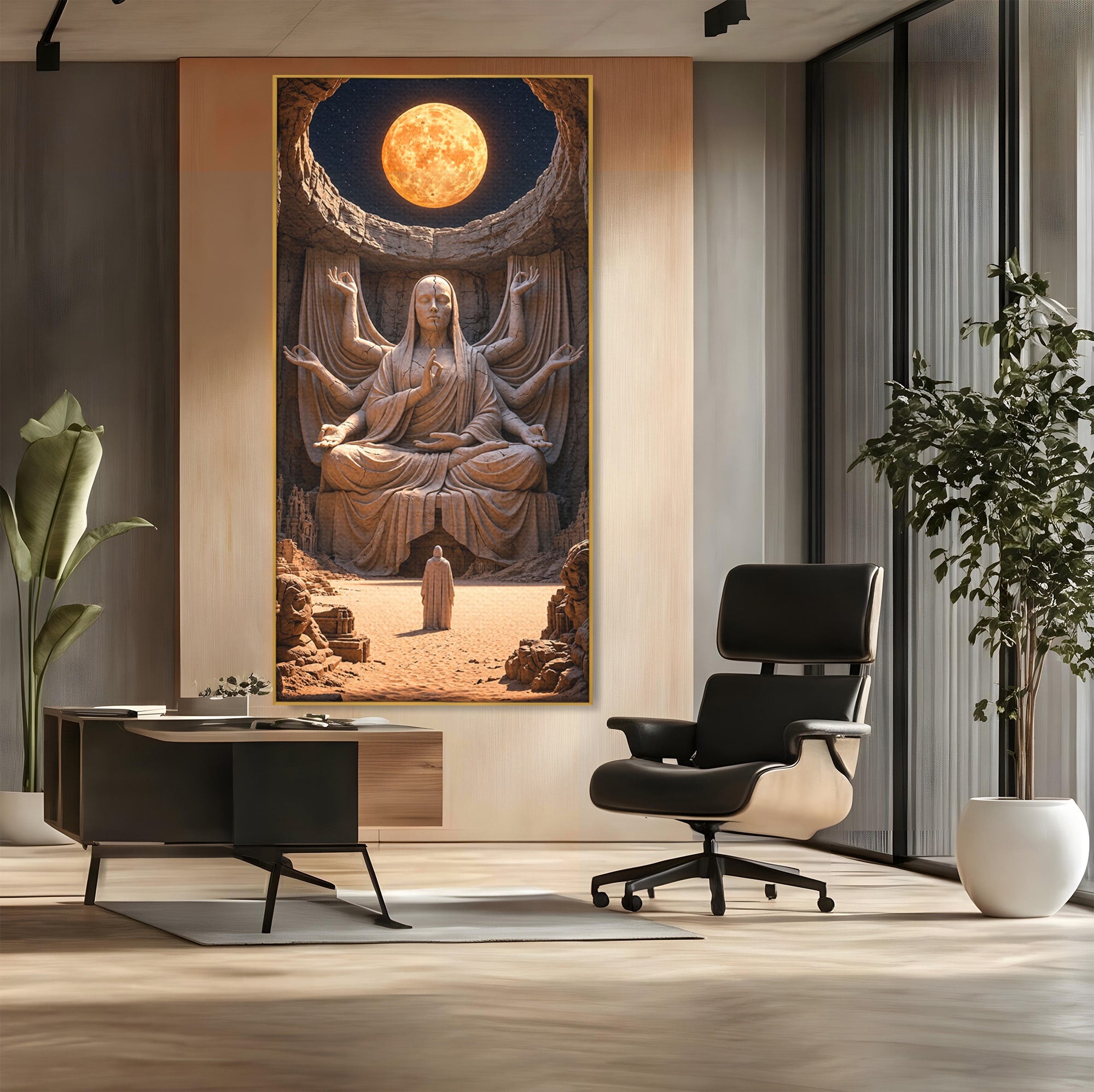 Tablou Canvas Premium LuxCanva® U1077, Sanctuarul Lunii, Zeita, Luna, Statuie, Mistic, Meditatie, Dormitor, Living, Culori Vibrante