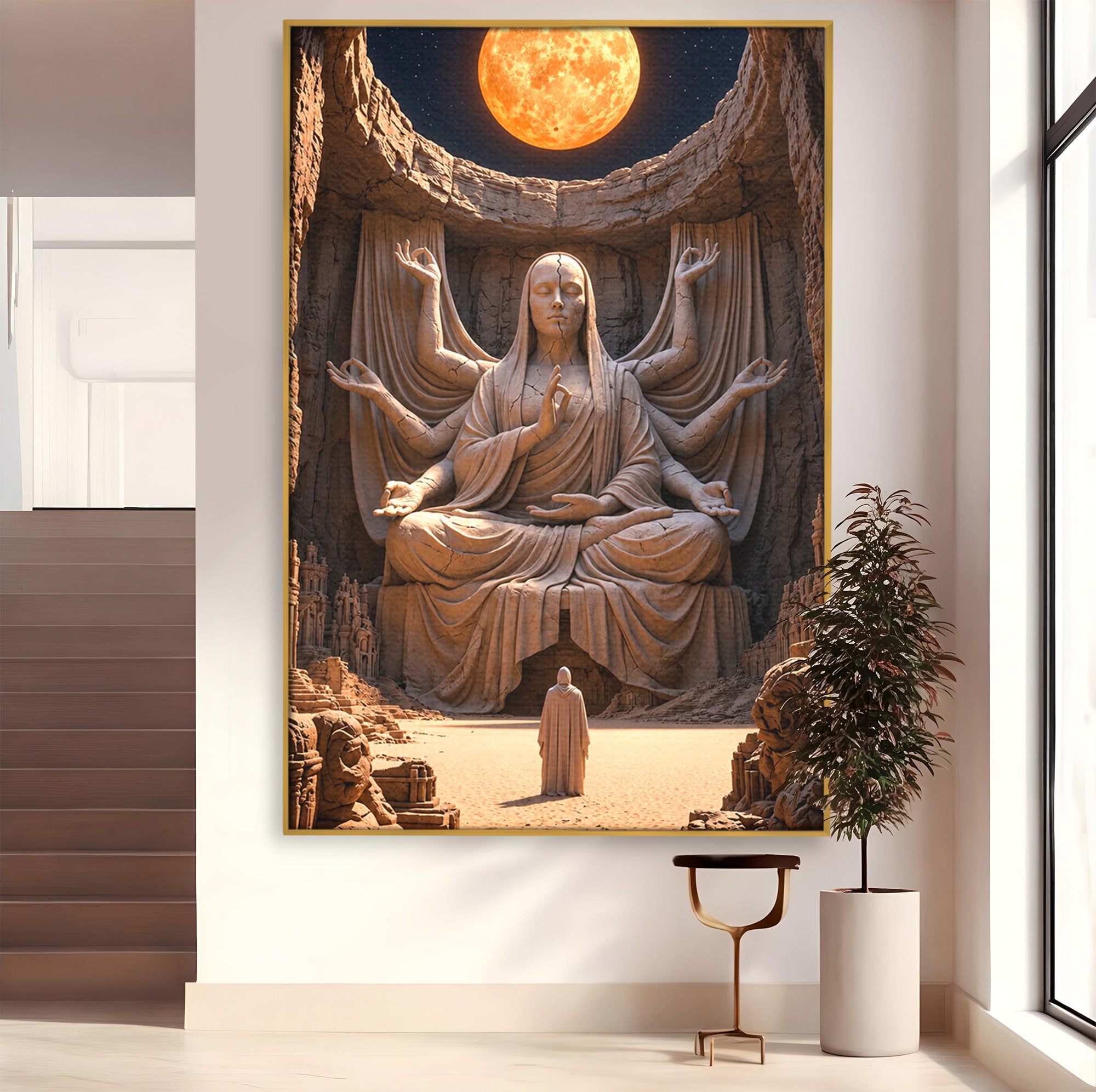 Tablou Canvas Premium LuxCanva® U1077, Sanctuarul Lunii, Zeita, Luna, Statuie, Mistic, Meditatie, Dormitor, Living, Culori Vibrante