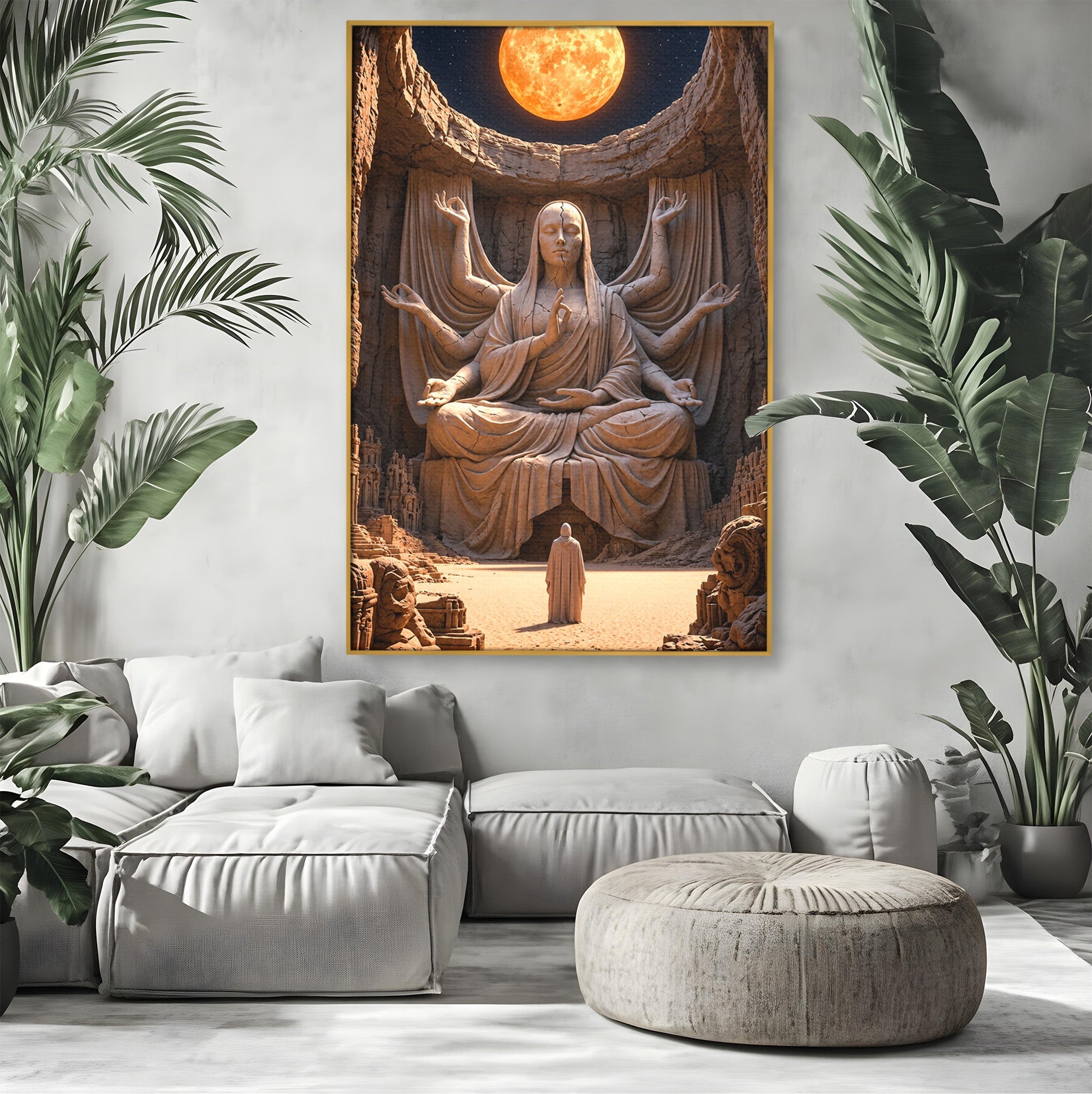 Tablou Canvas Premium LuxCanva® U1077, Sanctuarul Lunii, Zeita, Luna, Statuie, Mistic, Meditatie, Dormitor, Living, Culori Vibrante