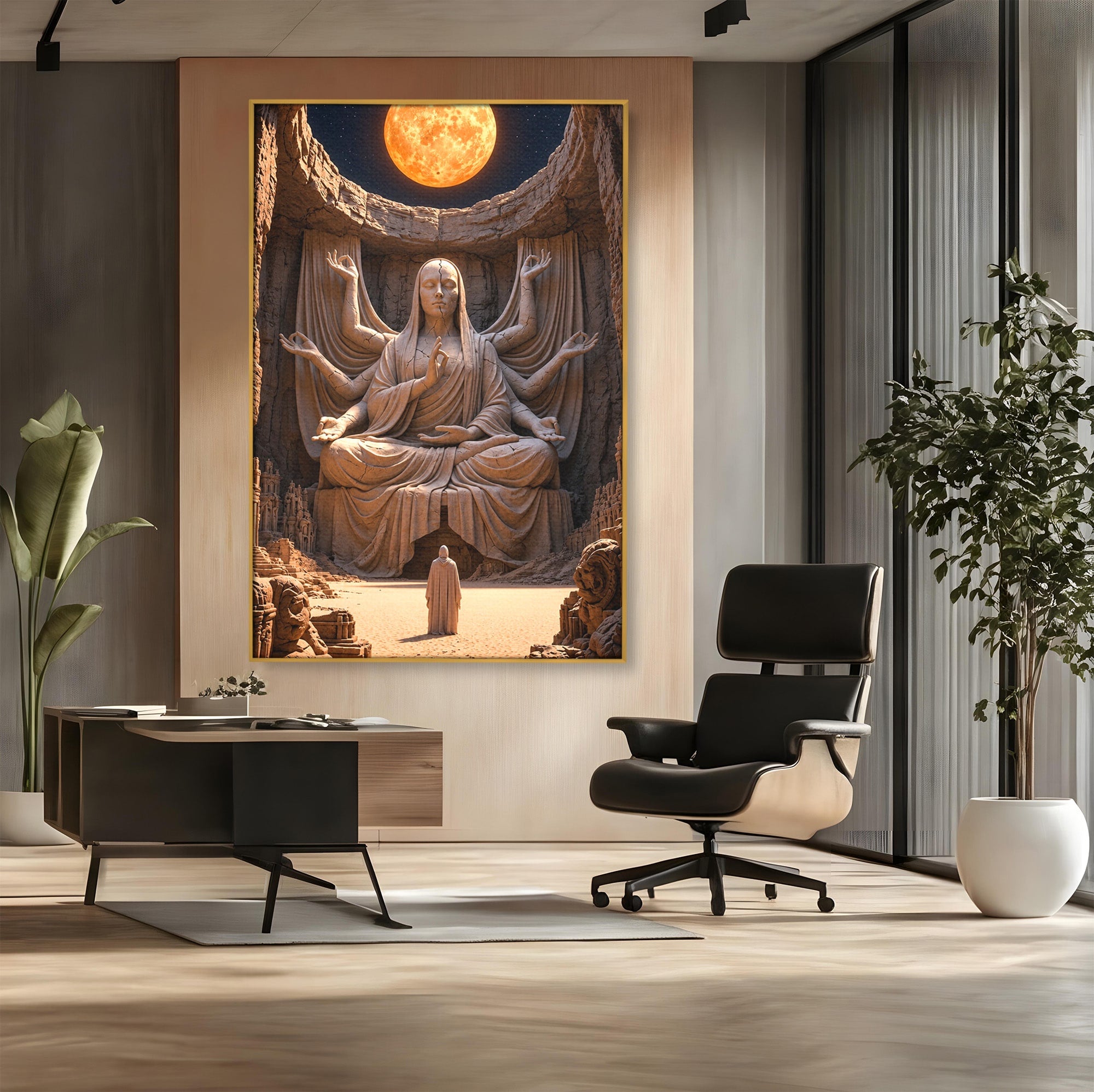 Tablou Canvas Premium LuxCanva® U1077, Sanctuarul Lunii, Zeita, Luna, Statuie, Mistic, Meditatie, Dormitor, Living, Culori Vibrante