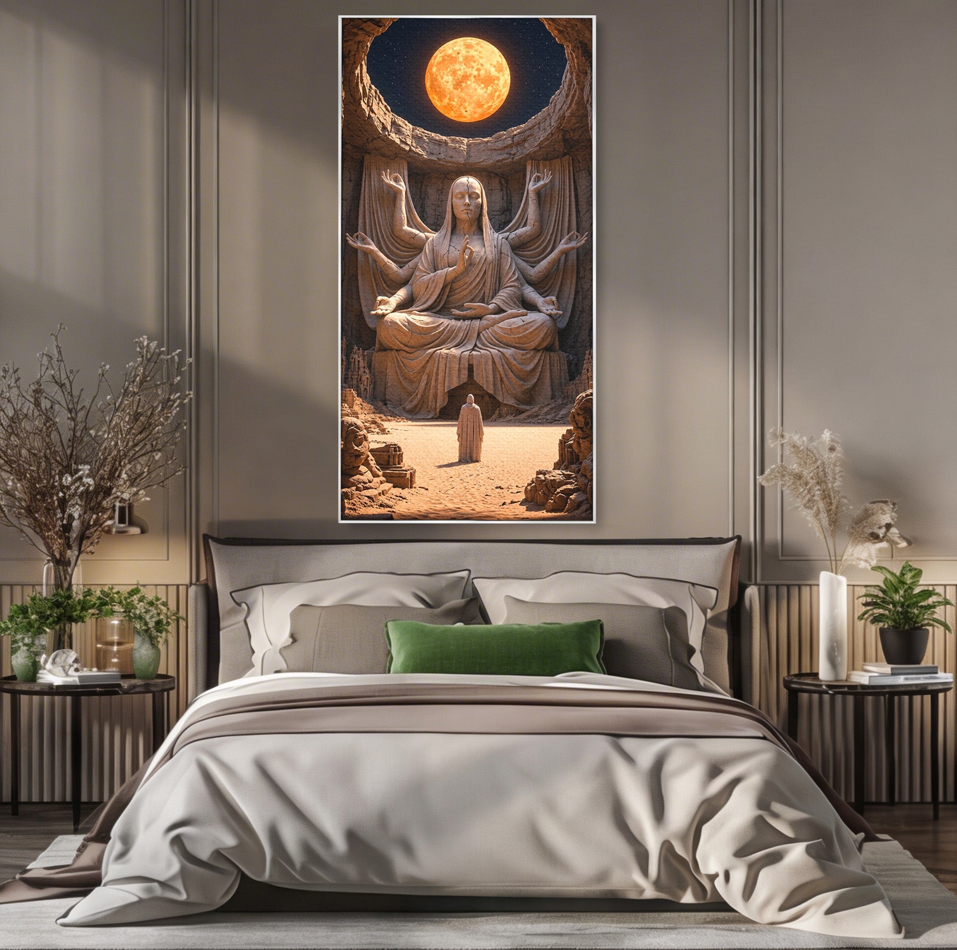 Tablou Canvas Premium LuxCanva® U1077, Sanctuarul Lunii, Zeita, Luna, Statuie, Mistic, Meditatie, Dormitor, Living, Culori Vibrante