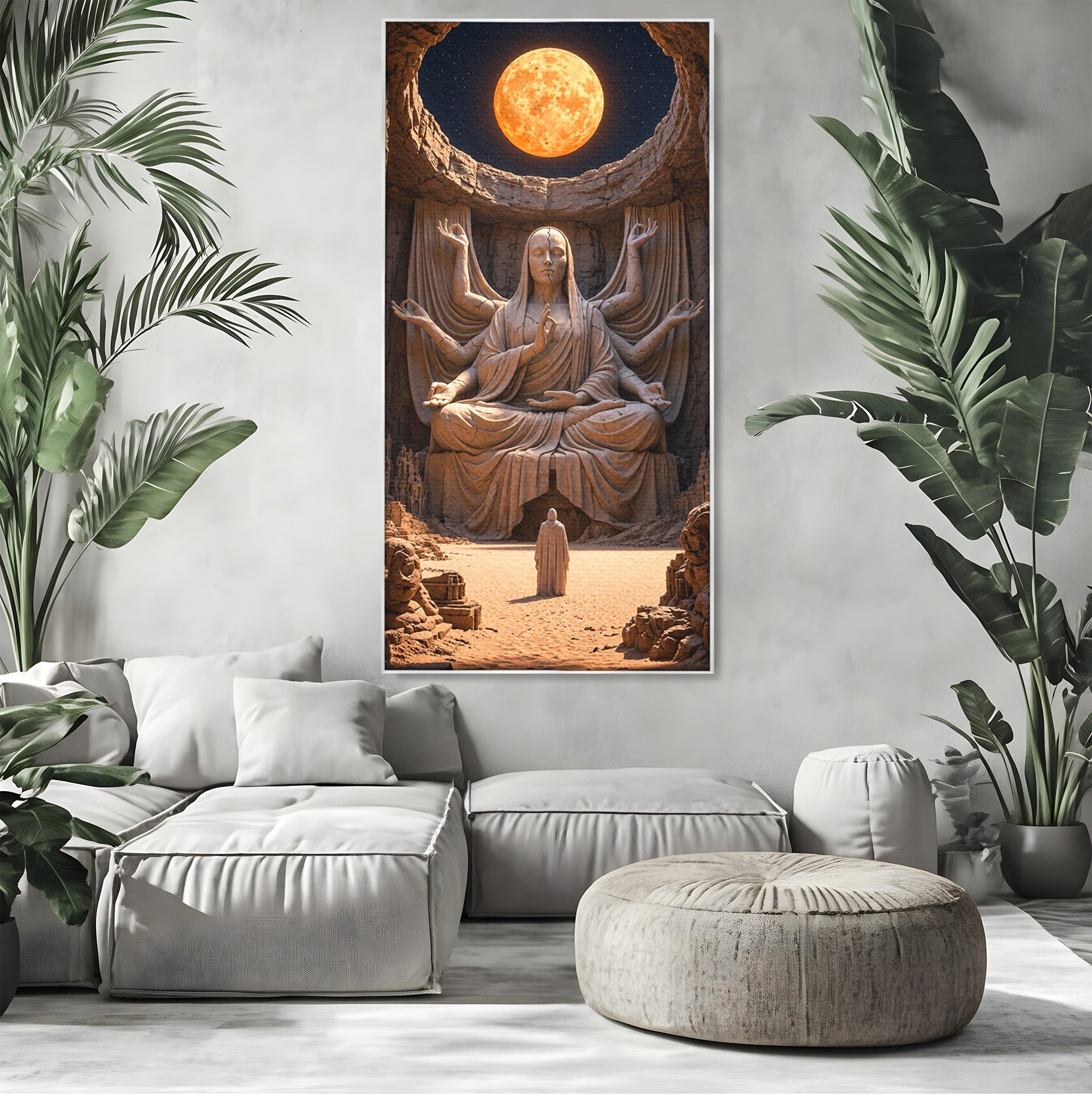 Tablou Canvas Premium LuxCanva® U1077, Sanctuarul Lunii, Zeita, Luna, Statuie, Mistic, Meditatie, Dormitor, Living, Culori Vibrante