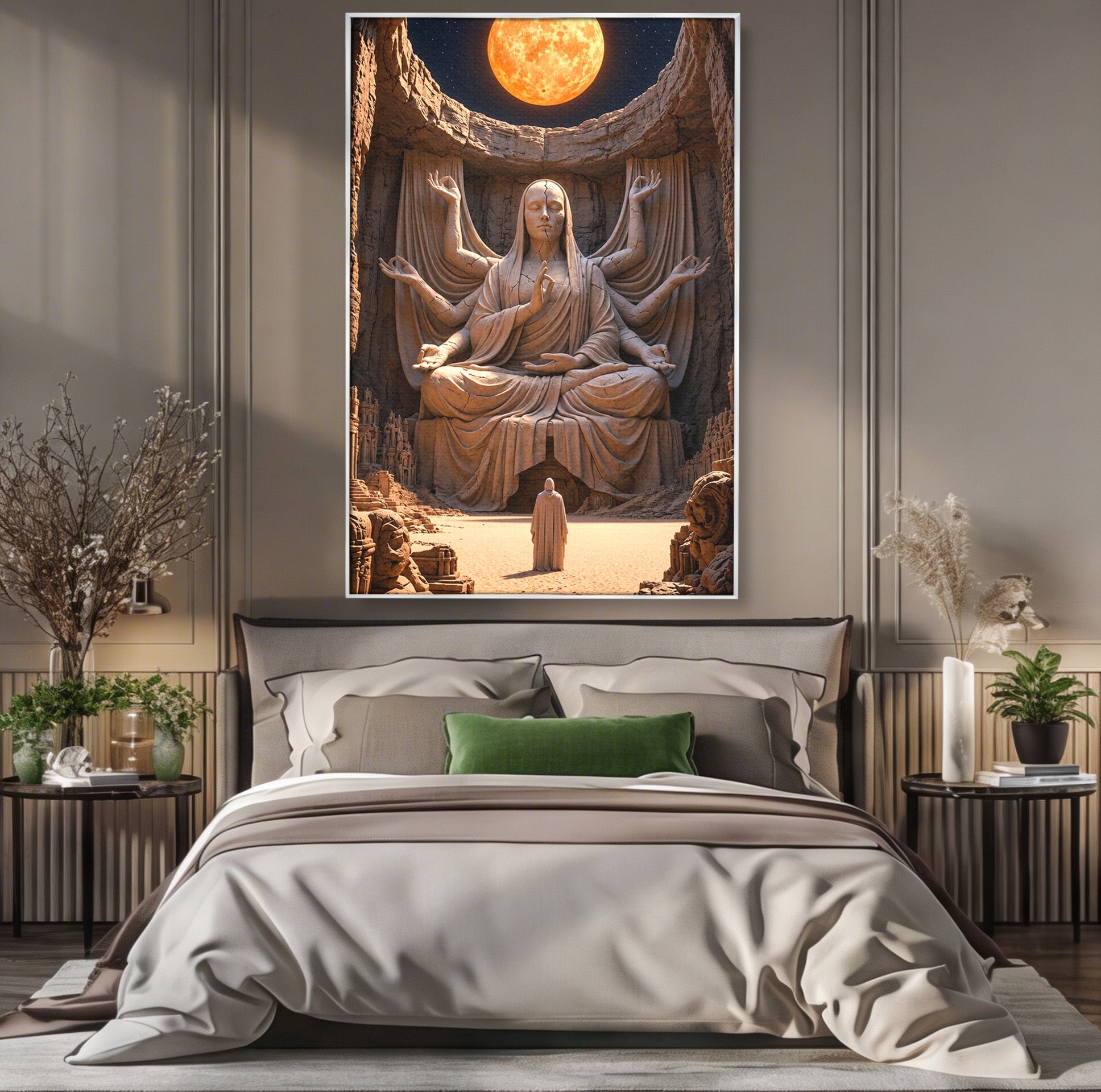 Tablou Canvas Premium LuxCanva® U1077, Sanctuarul Lunii, Zeita, Luna, Statuie, Mistic, Meditatie, Dormitor, Living, Culori Vibrante