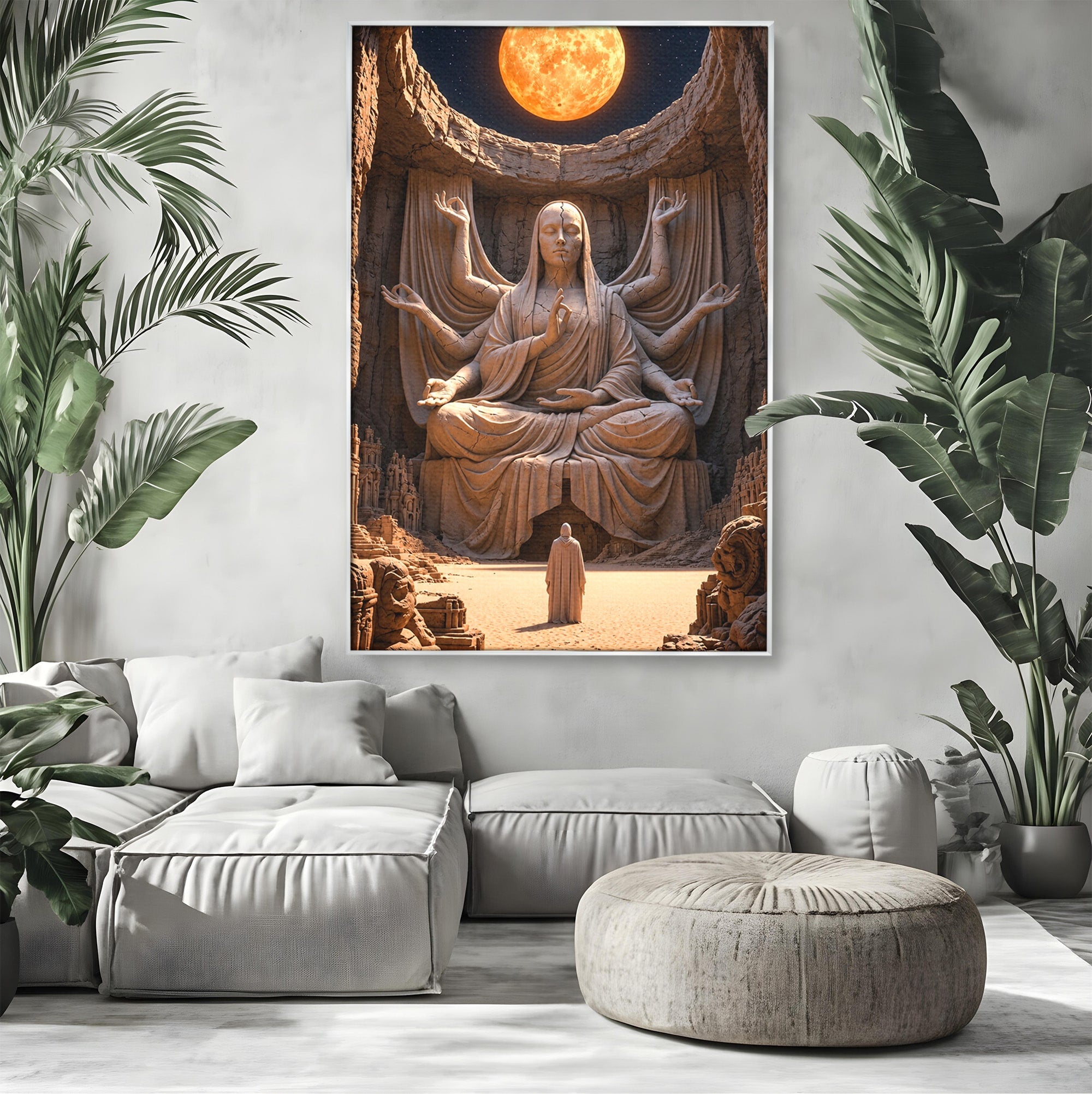 Tablou Canvas Premium LuxCanva® U1077, Sanctuarul Lunii, Zeita, Luna, Statuie, Mistic, Meditatie, Dormitor, Living, Culori Vibrante