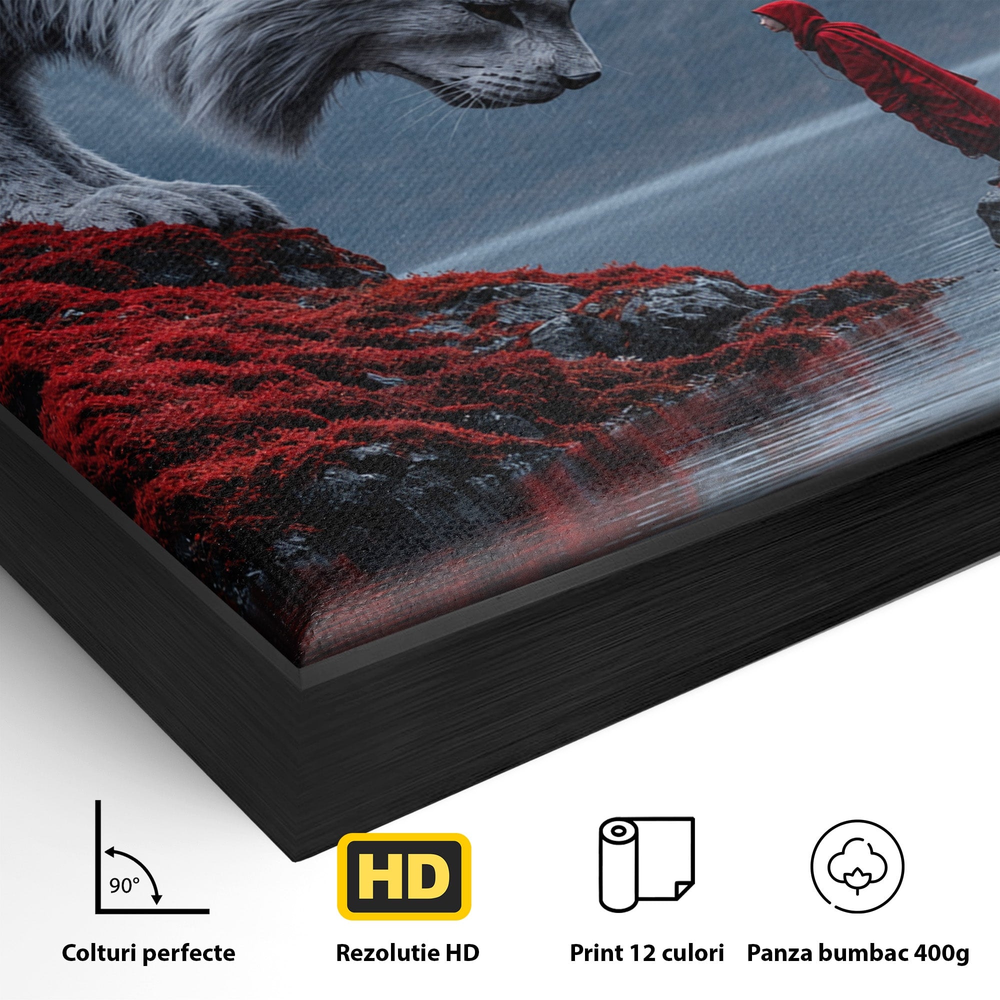 Tablou Canvas Premium LuxCanva® U1080, Intalnirea Cu Lupul Gigant, Lup, Munte, Fantezie, Peisaj, Gigant, Living, Culori Vibrante