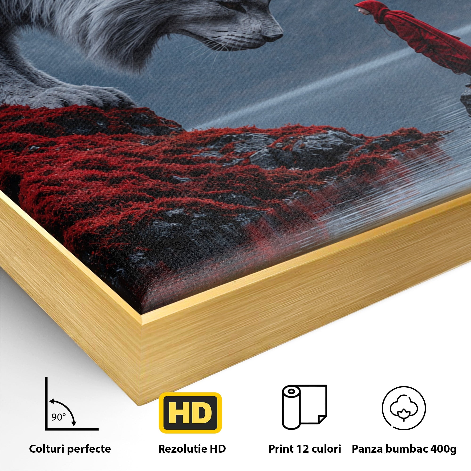 Tablou Canvas Premium LuxCanva® U1080, Intalnirea Cu Lupul Gigant, Lup, Munte, Fantezie, Peisaj, Gigant, Living, Culori Vibrante