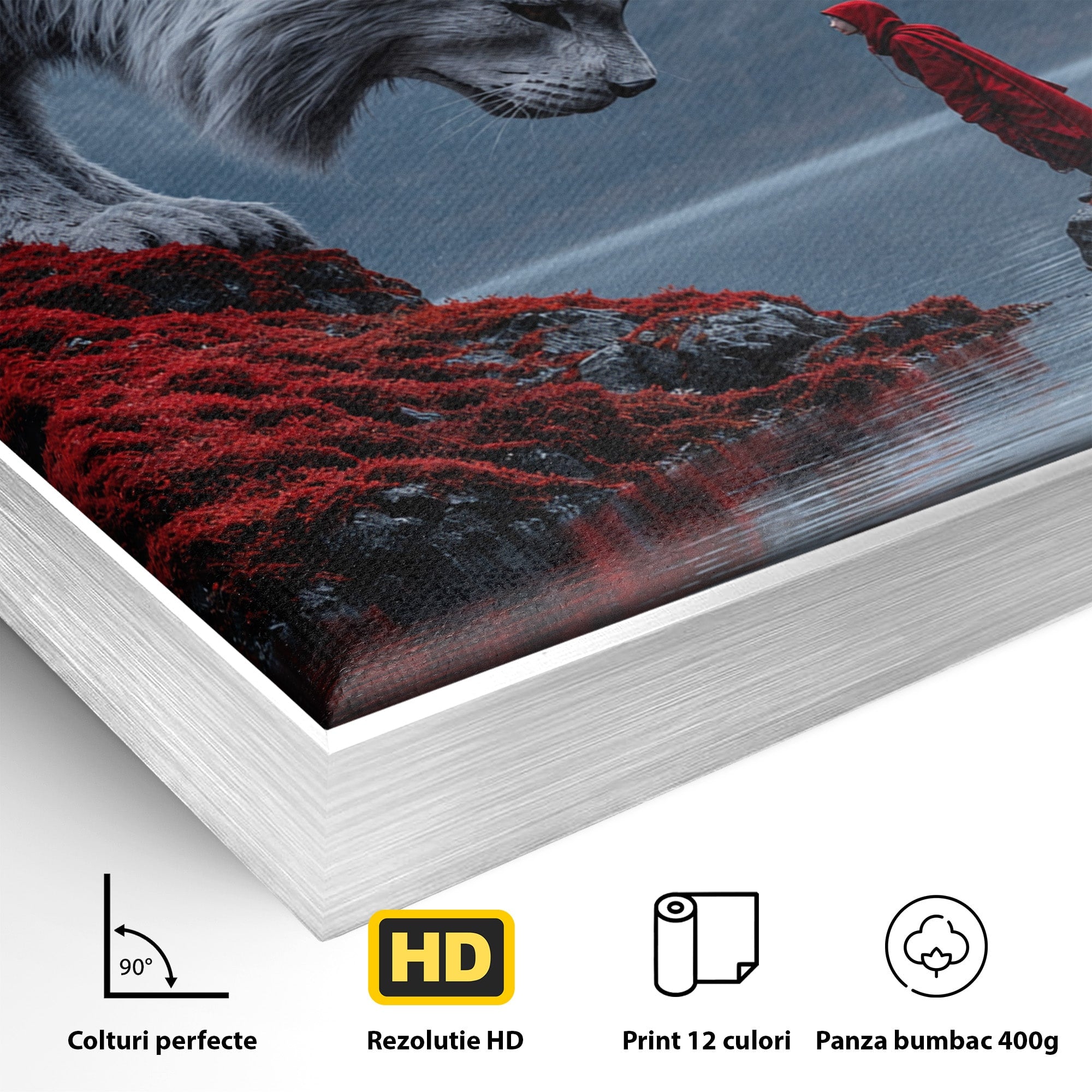 Tablou Canvas Premium LuxCanva® U1080, Intalnirea Cu Lupul Gigant, Lup, Munte, Fantezie, Peisaj, Gigant, Living, Culori Vibrante