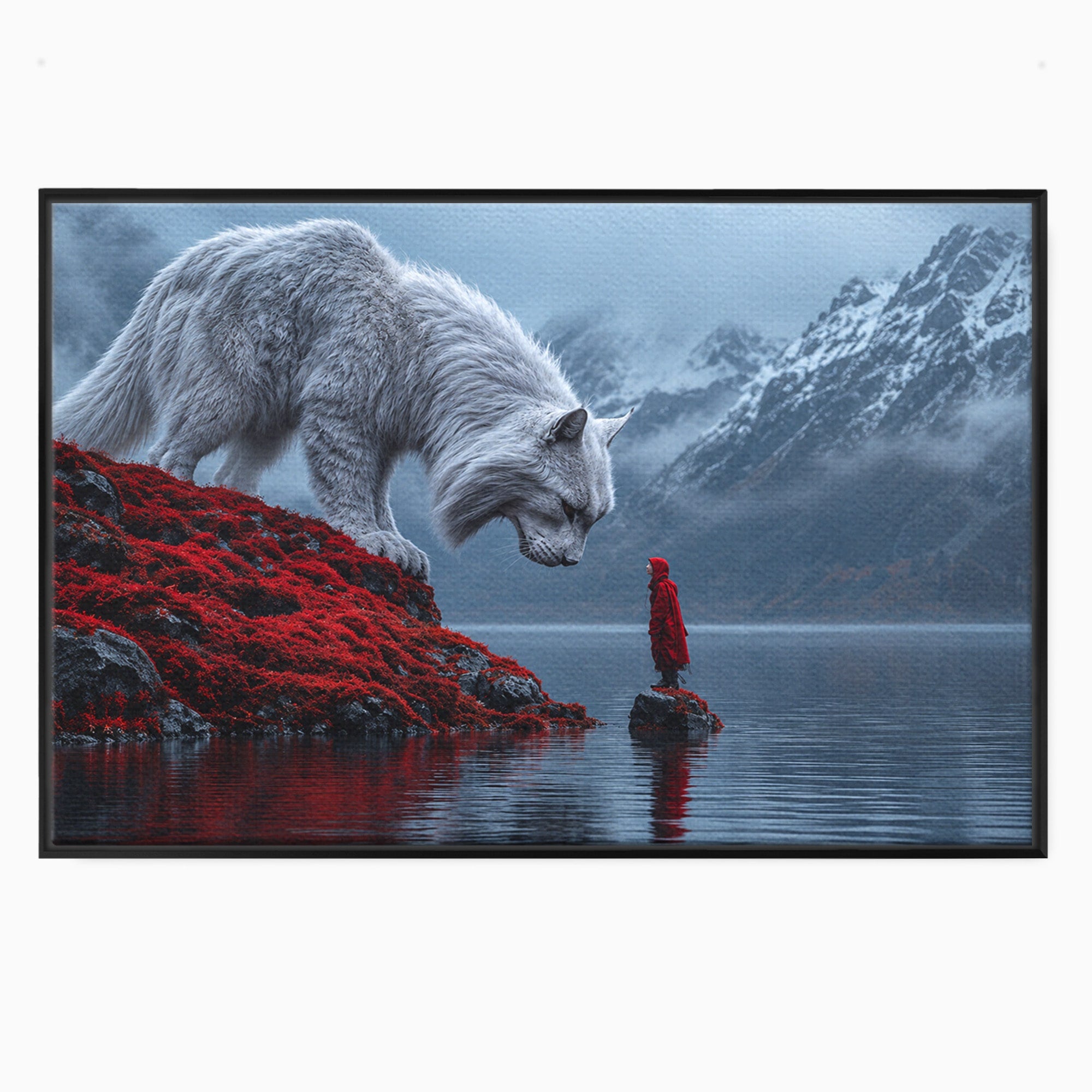 Tablou Canvas Premium LuxCanva® U1080, Intalnirea Cu Lupul Gigant, Lup, Munte, Fantezie, Peisaj, Gigant, Living, Culori Vibrante