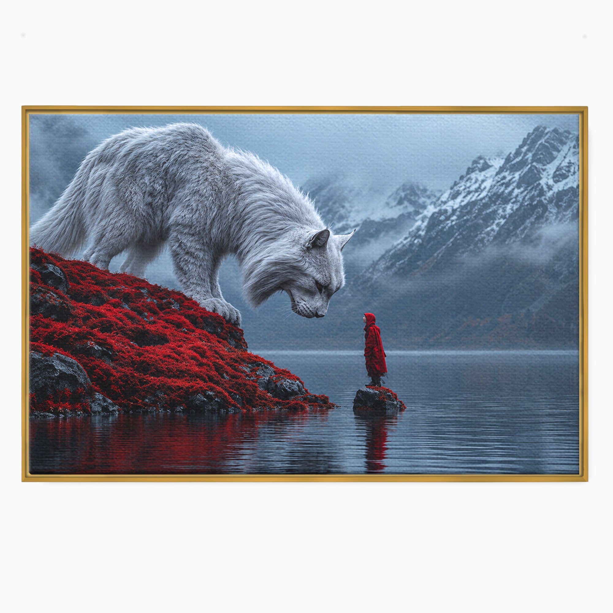 Tablou Canvas Premium LuxCanva® U1080, Intalnirea Cu Lupul Gigant, Lup, Munte, Fantezie, Peisaj, Gigant, Living, Culori Vibrante