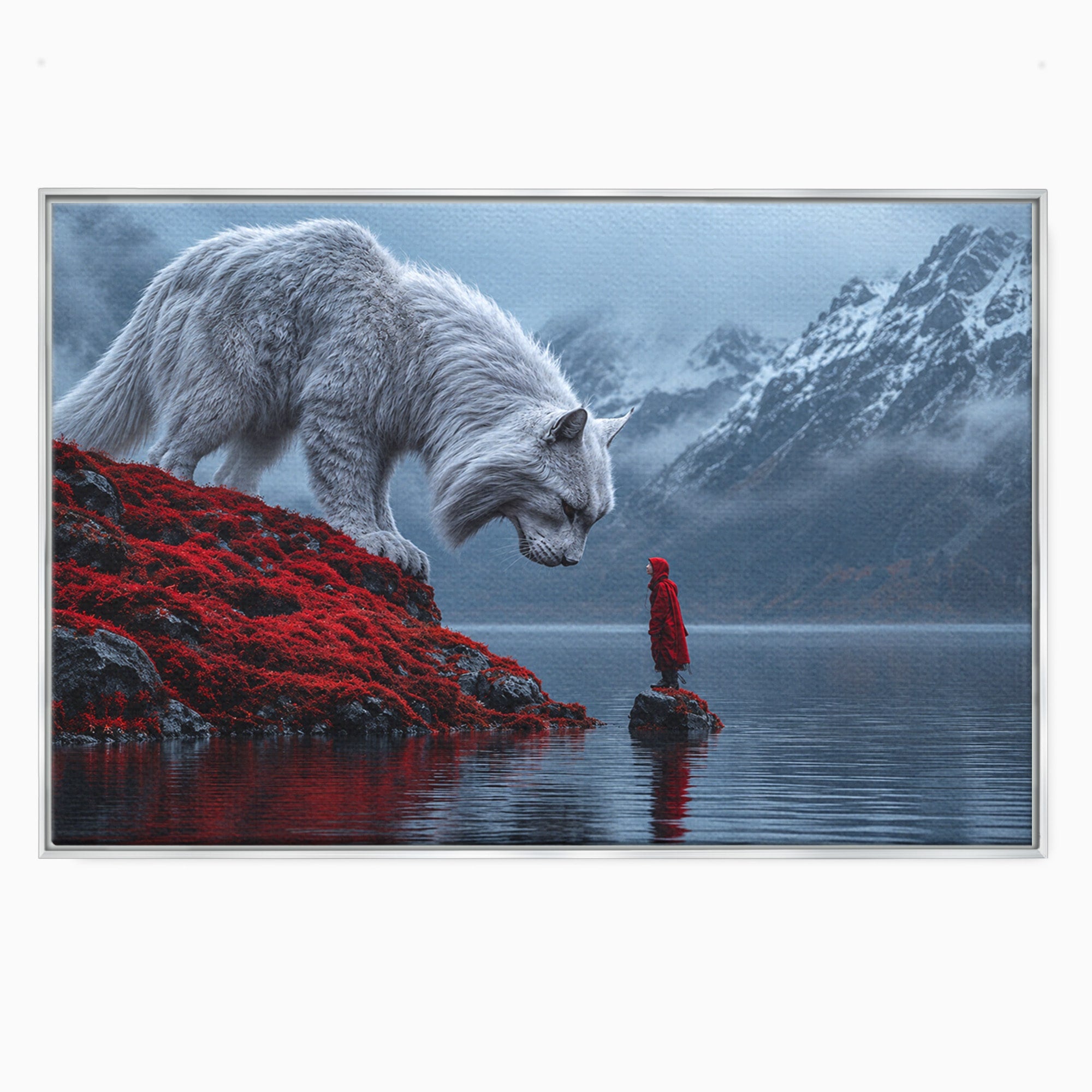 Tablou Canvas Premium LuxCanva® U1080, Intalnirea Cu Lupul Gigant, Lup, Munte, Fantezie, Peisaj, Gigant, Living, Culori Vibrante