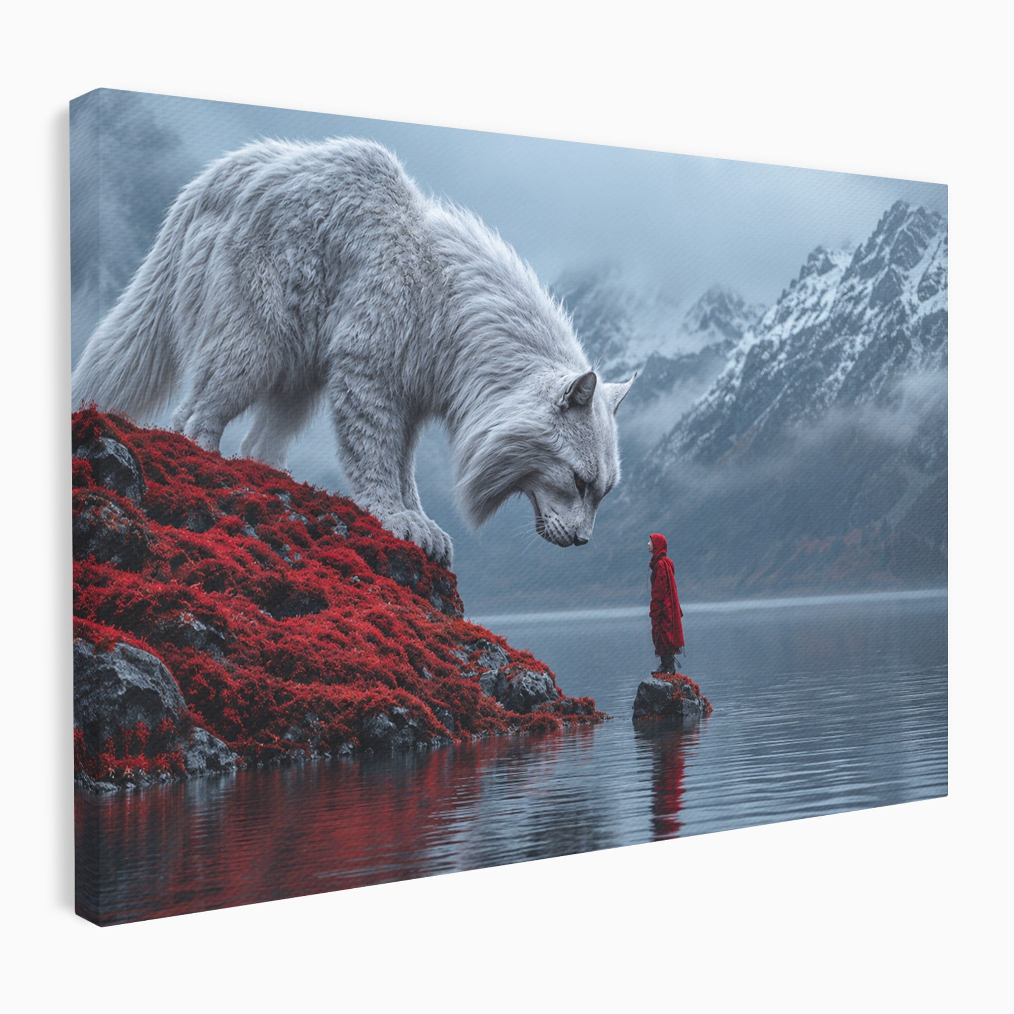 Tablou Canvas Premium LuxCanva® U1080, Intalnirea Cu Lupul Gigant, Lup, Munte, Fantezie, Peisaj, Gigant, Living, Culori Vibrante