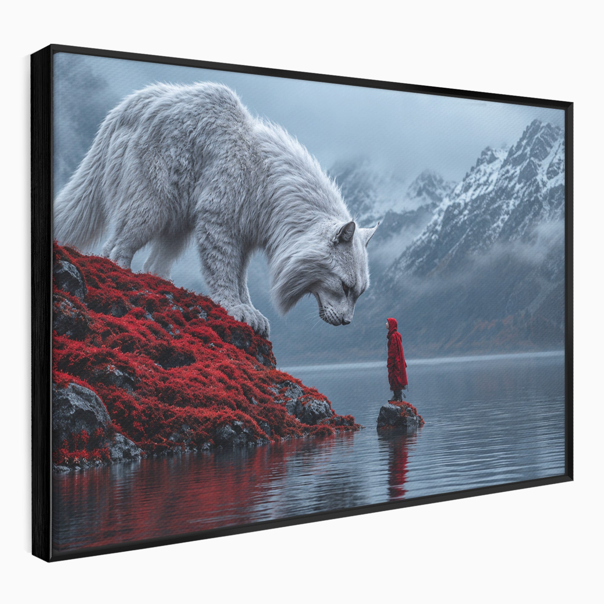 Tablou Canvas Premium LuxCanva® U1080, Intalnirea Cu Lupul Gigant, Lup, Munte, Fantezie, Peisaj, Gigant, Living, Culori Vibrante