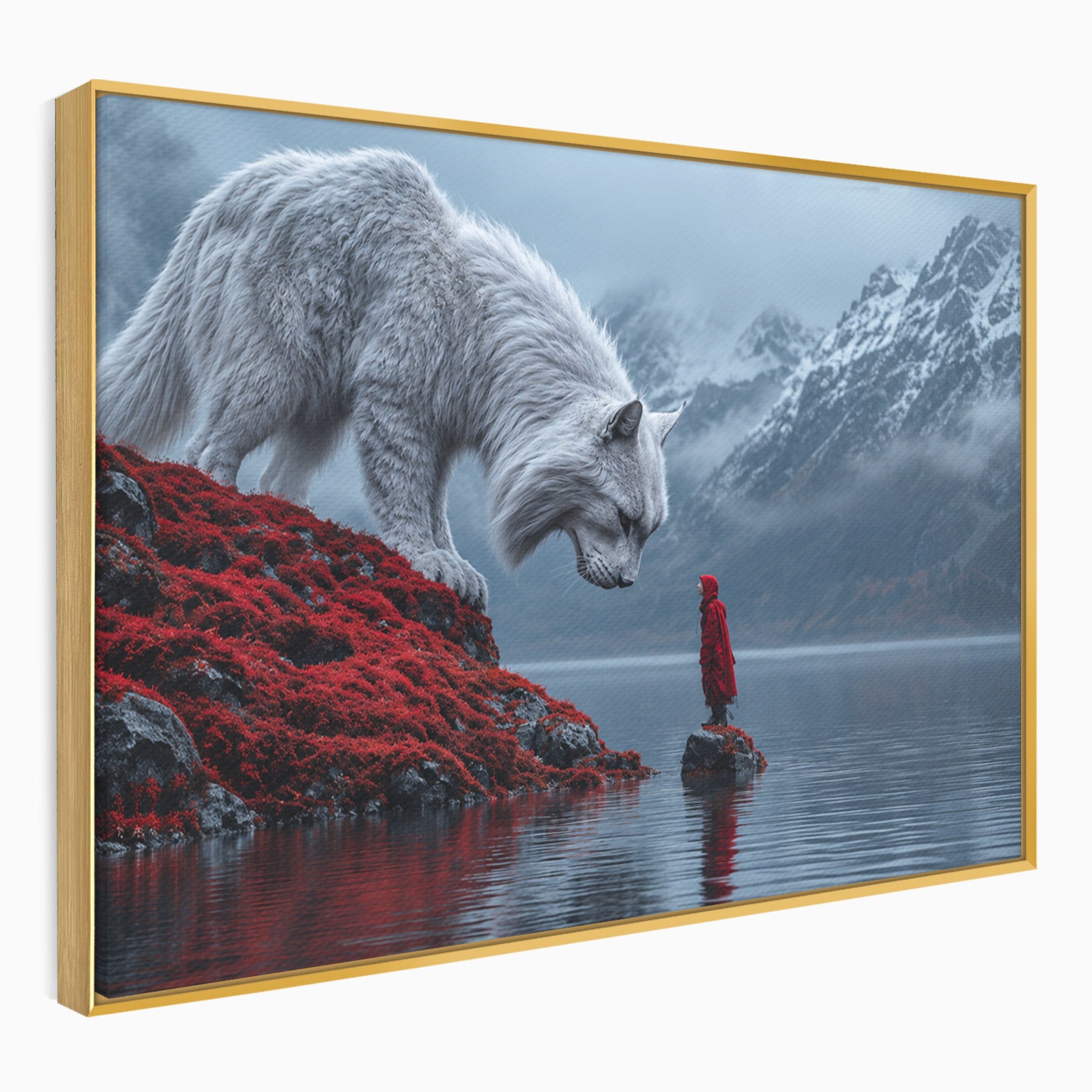 Tablou Canvas Premium LuxCanva® U1080, Intalnirea Cu Lupul Gigant, Lup, Munte, Fantezie, Peisaj, Gigant, Living, Culori Vibrante