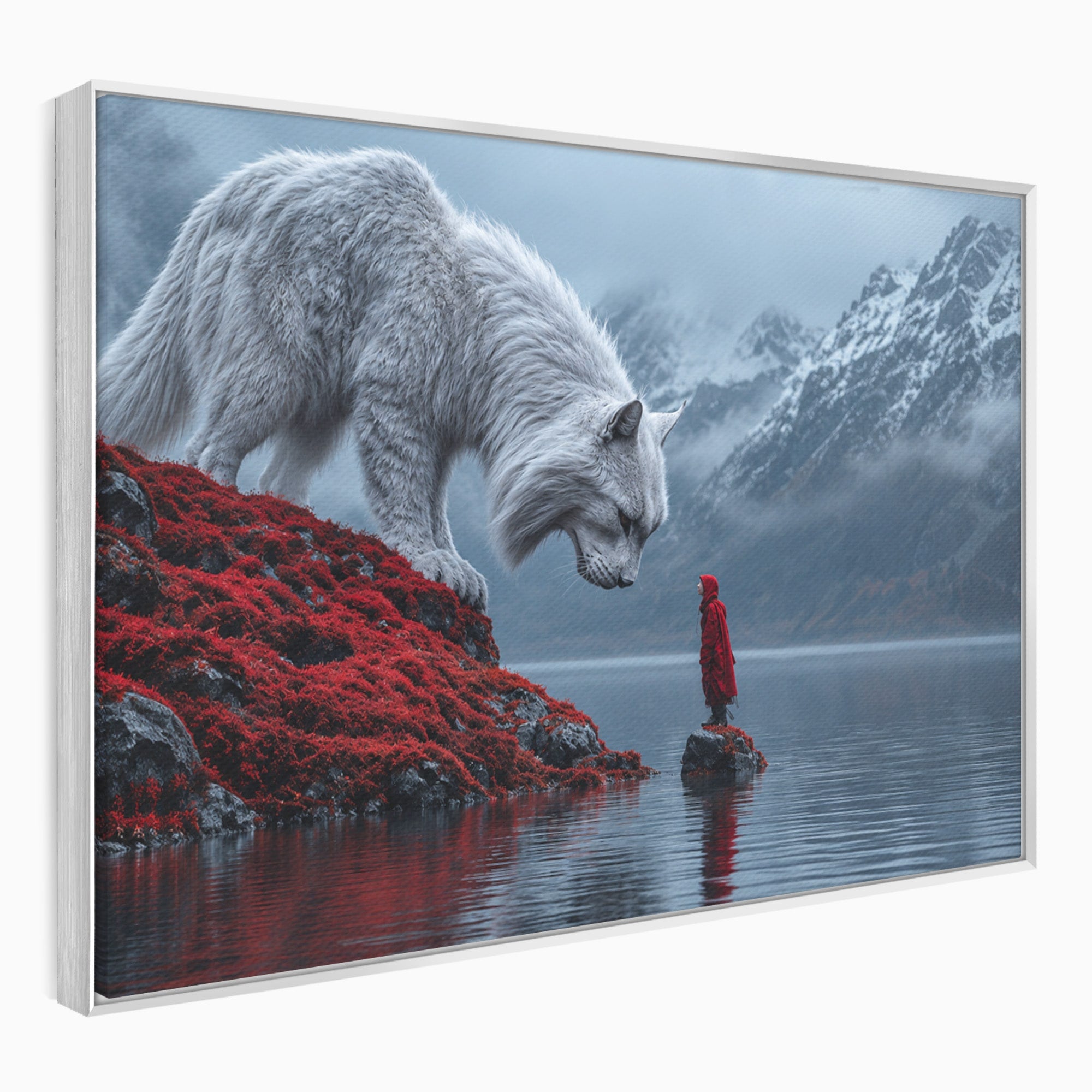 Tablou Canvas Premium LuxCanva® U1080, Intalnirea Cu Lupul Gigant, Lup, Munte, Fantezie, Peisaj, Gigant, Living, Culori Vibrante
