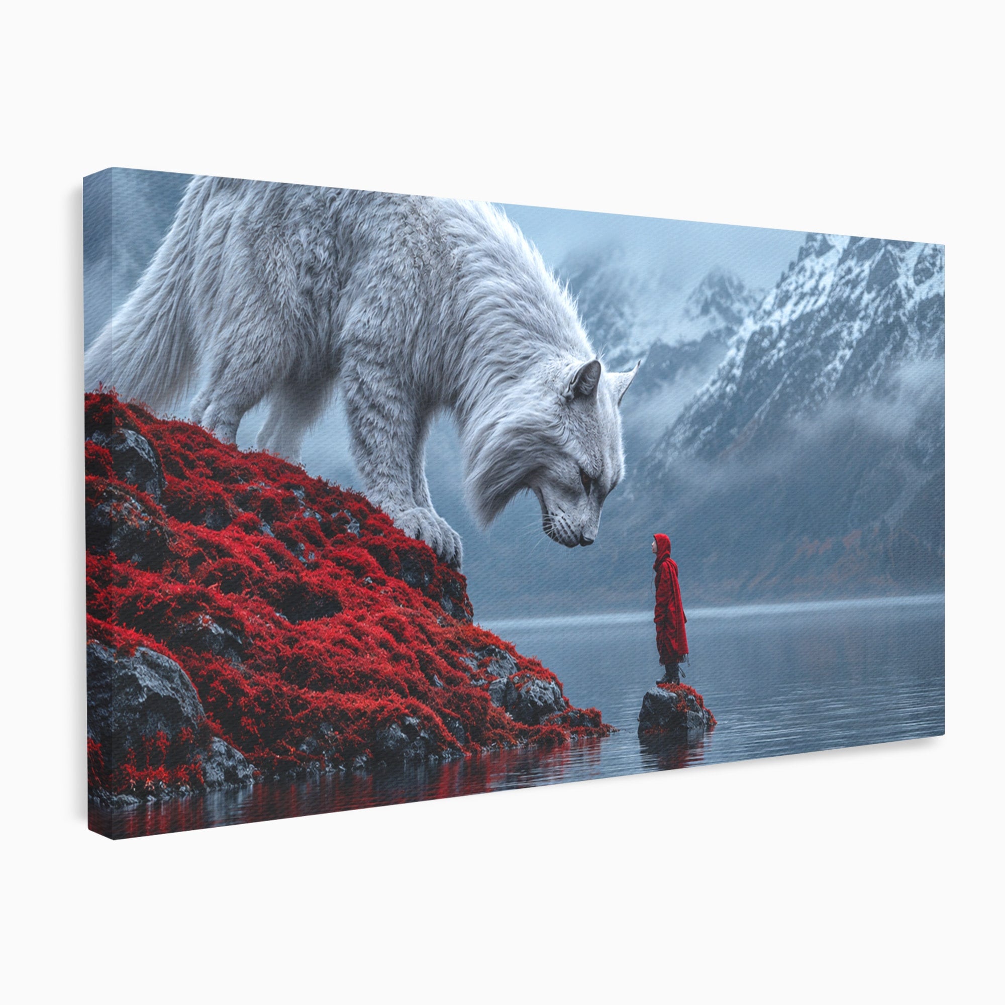 Tablou Canvas Premium LuxCanva® U1080, Intalnirea Cu Lupul Gigant, Lup, Munte, Fantezie, Peisaj, Gigant, Living, Culori Vibrante