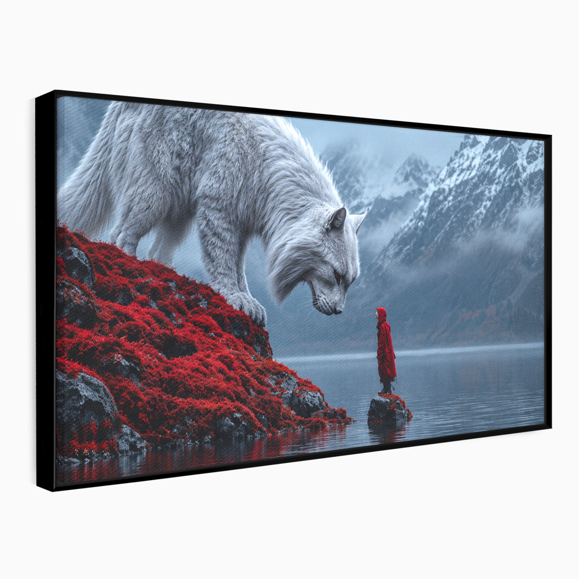 Tablou Canvas Premium LuxCanva® U1080, Intalnirea Cu Lupul Gigant, Lup, Munte, Fantezie, Peisaj, Gigant, Living, Culori Vibrante
