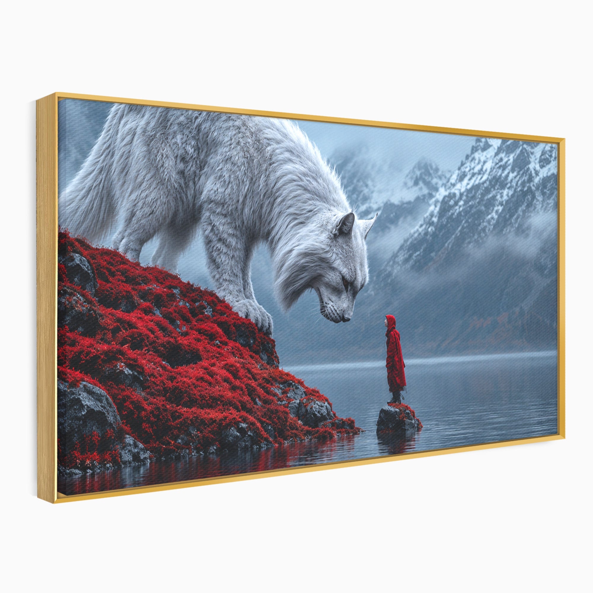 Tablou Canvas Premium LuxCanva® U1080, Intalnirea Cu Lupul Gigant, Lup, Munte, Fantezie, Peisaj, Gigant, Living, Culori Vibrante