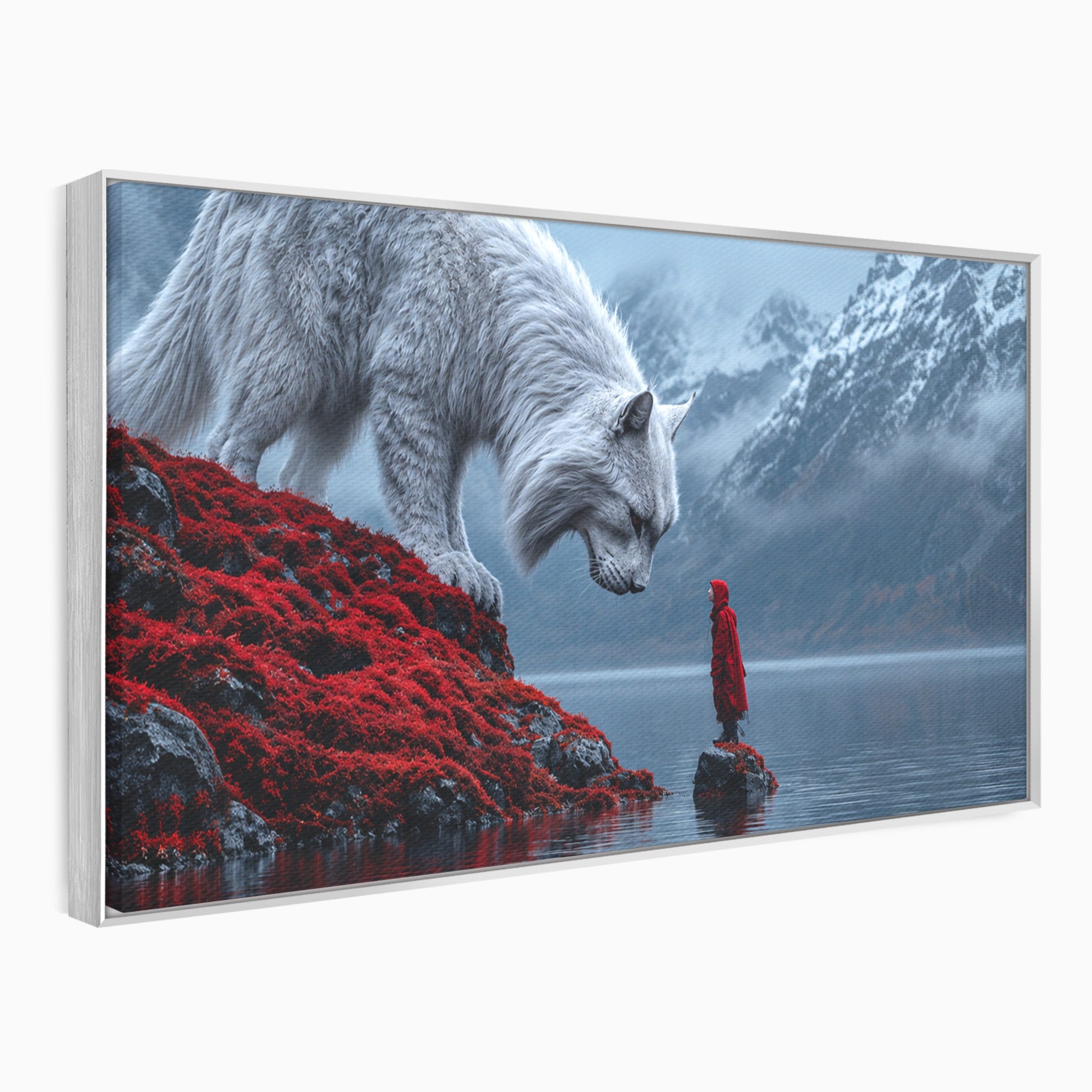 Tablou Canvas Premium LuxCanva® U1080, Intalnirea Cu Lupul Gigant, Lup, Munte, Fantezie, Peisaj, Gigant, Living, Culori Vibrante