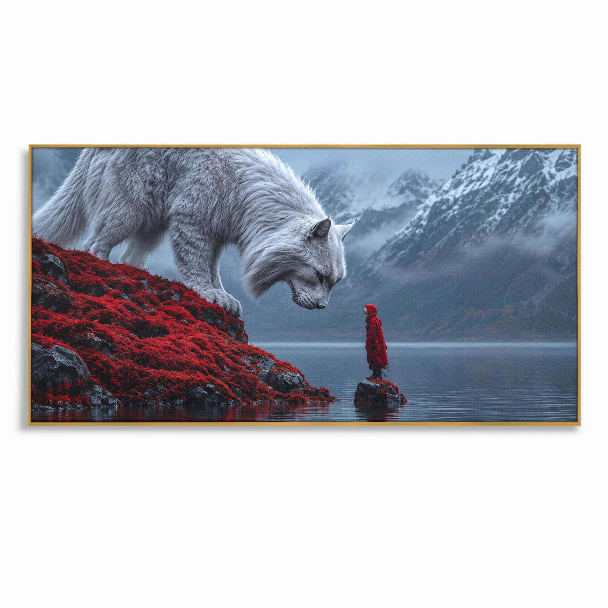 Tablou Canvas Premium LuxCanva® U1080, Intalnirea Cu Lupul Gigant, Lup, Munte, Fantezie, Peisaj, Gigant, Living, Culori Vibrante