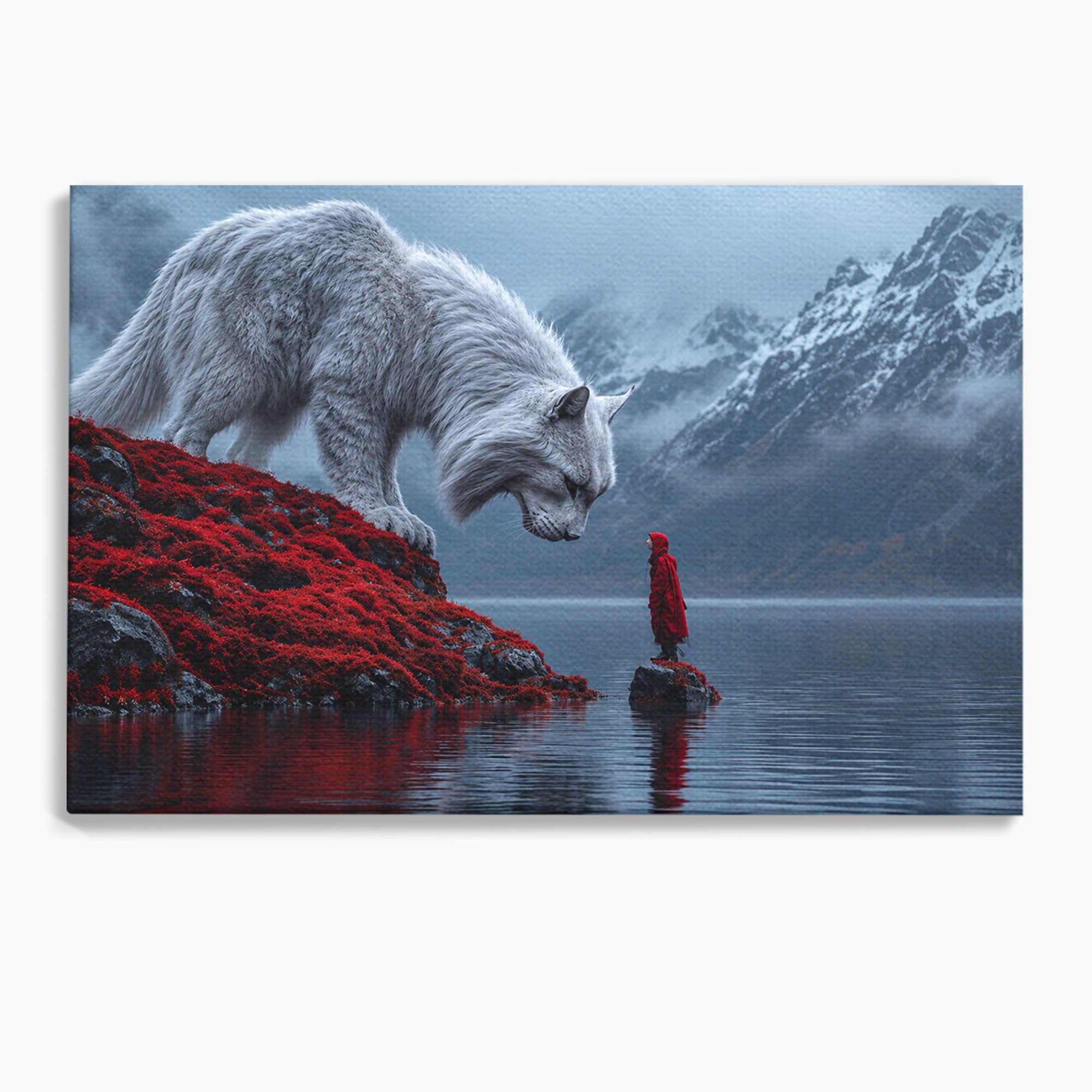 Tablou Canvas Premium LuxCanva® U1080, Intalnirea Cu Lupul Gigant, Lup, Munte, Fantezie, Peisaj, Gigant, Living, Culori Vibrante