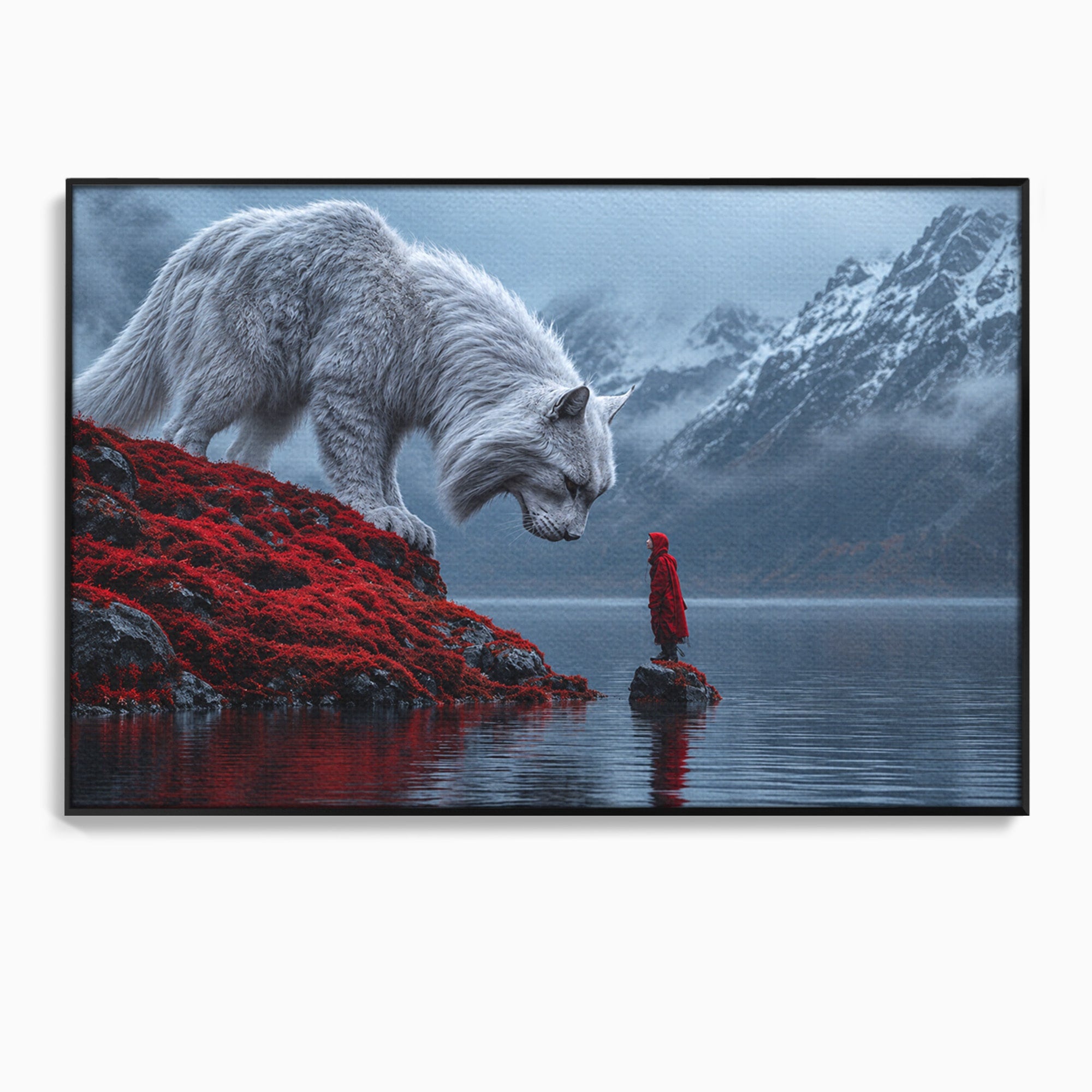 Tablou Canvas Premium LuxCanva® U1080, Intalnirea Cu Lupul Gigant, Lup, Munte, Fantezie, Peisaj, Gigant, Living, Culori Vibrante