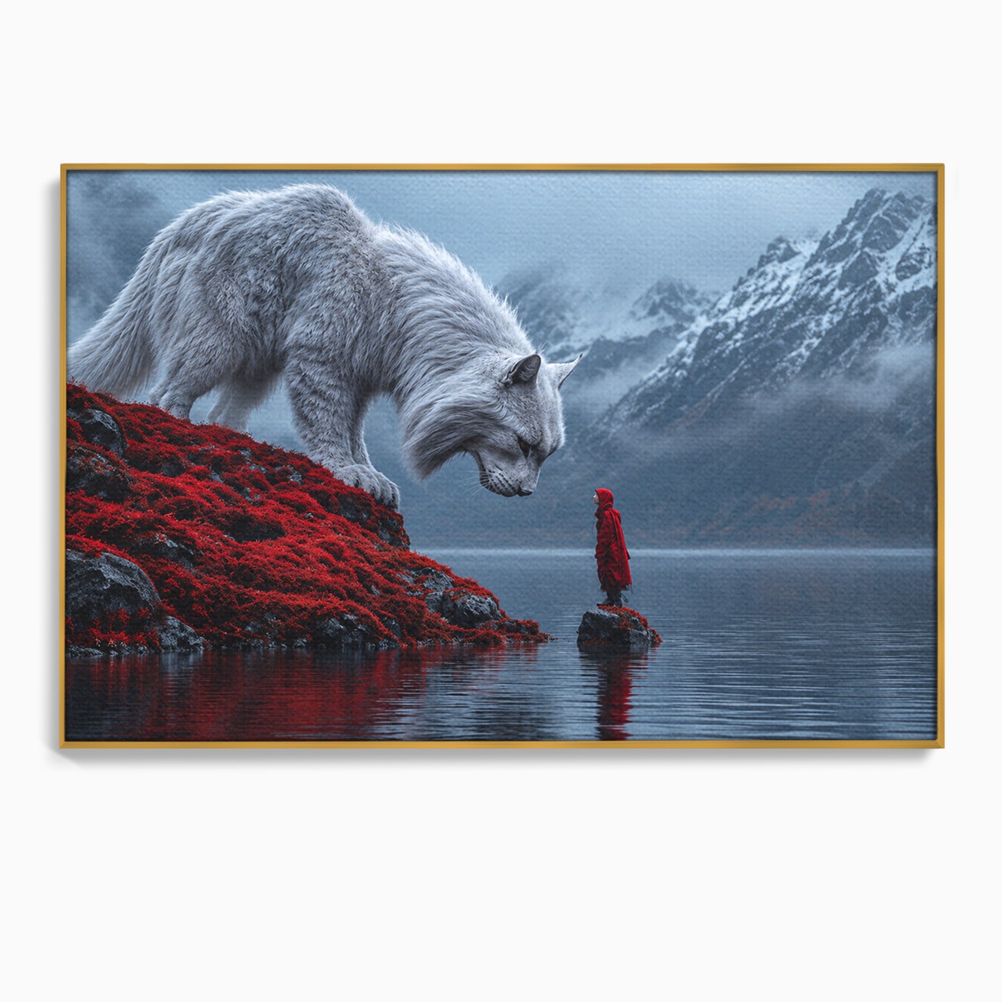 Tablou Canvas Premium LuxCanva® U1080, Intalnirea Cu Lupul Gigant, Lup, Munte, Fantezie, Peisaj, Gigant, Living, Culori Vibrante