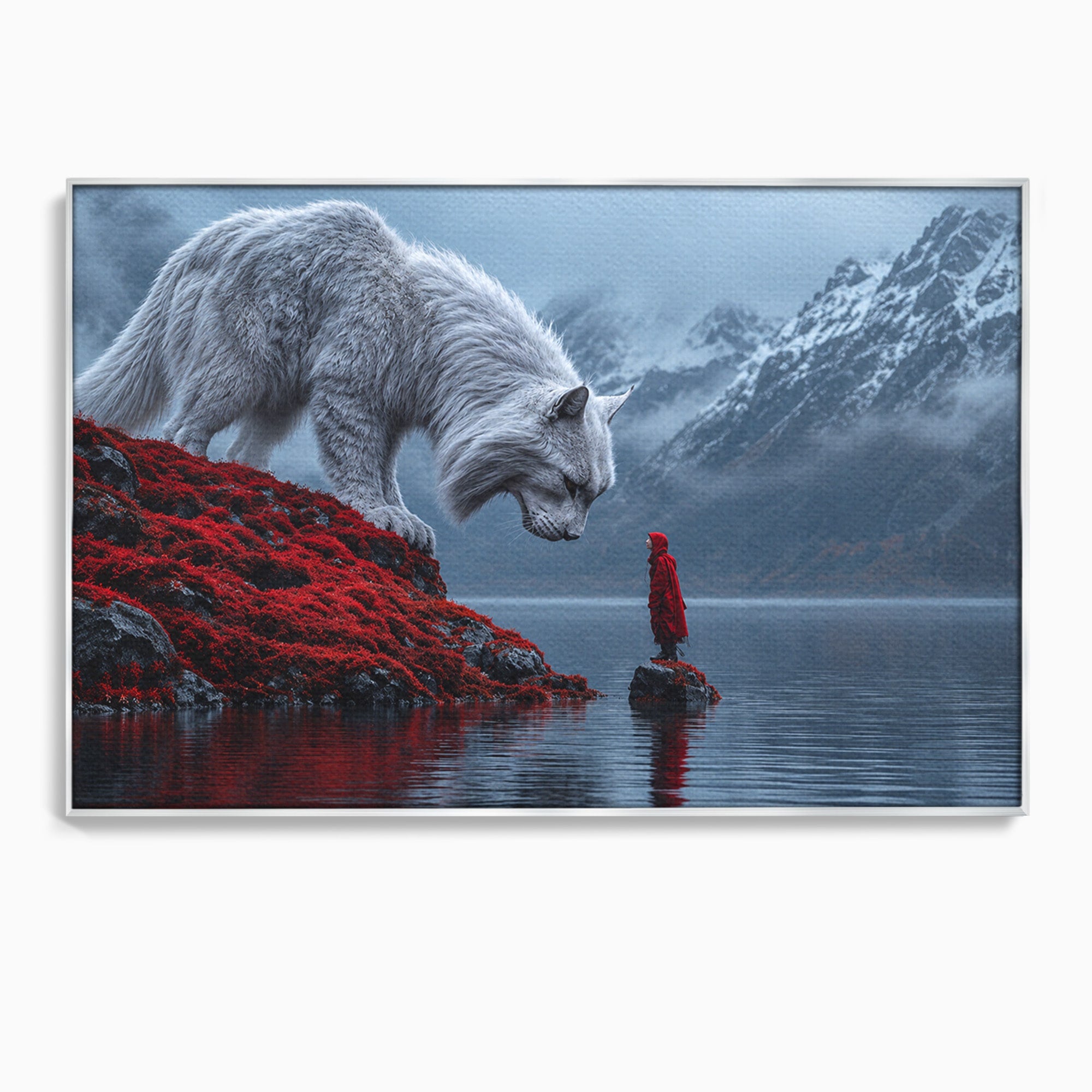 Tablou Canvas Premium LuxCanva® U1080, Intalnirea Cu Lupul Gigant, Lup, Munte, Fantezie, Peisaj, Gigant, Living, Culori Vibrante