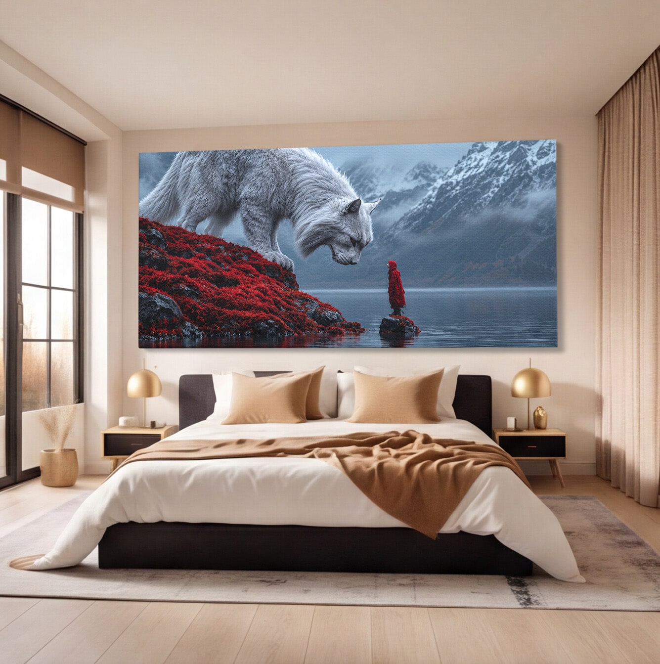 Tablou Canvas Premium LuxCanva® U1080, Intalnirea Cu Lupul Gigant, Lup, Munte, Fantezie, Peisaj, Gigant, Living, Culori Vibrante