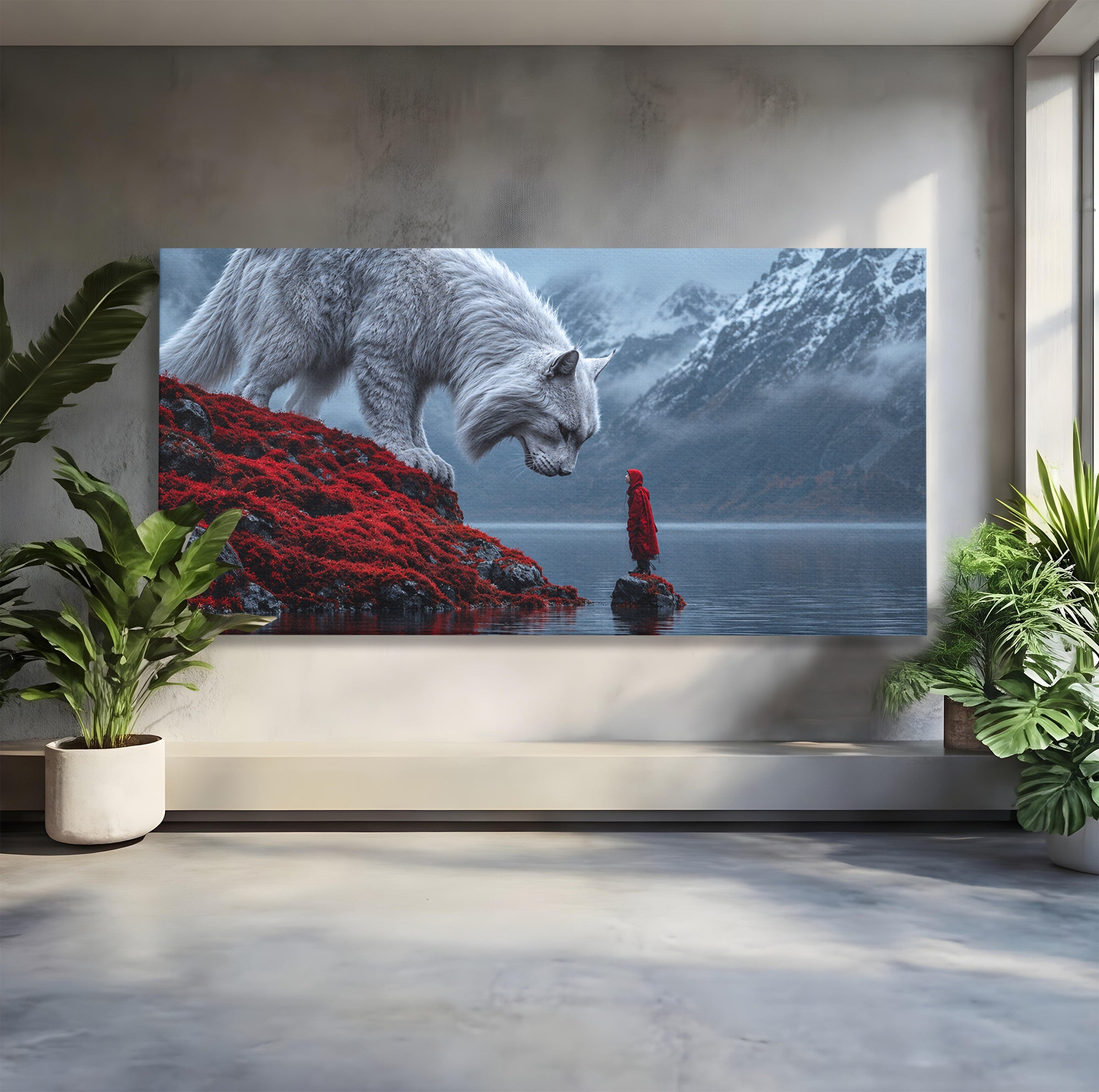 Tablou Canvas Premium LuxCanva® U1080, Intalnirea Cu Lupul Gigant, Lup, Munte, Fantezie, Peisaj, Gigant, Living, Culori Vibrante
