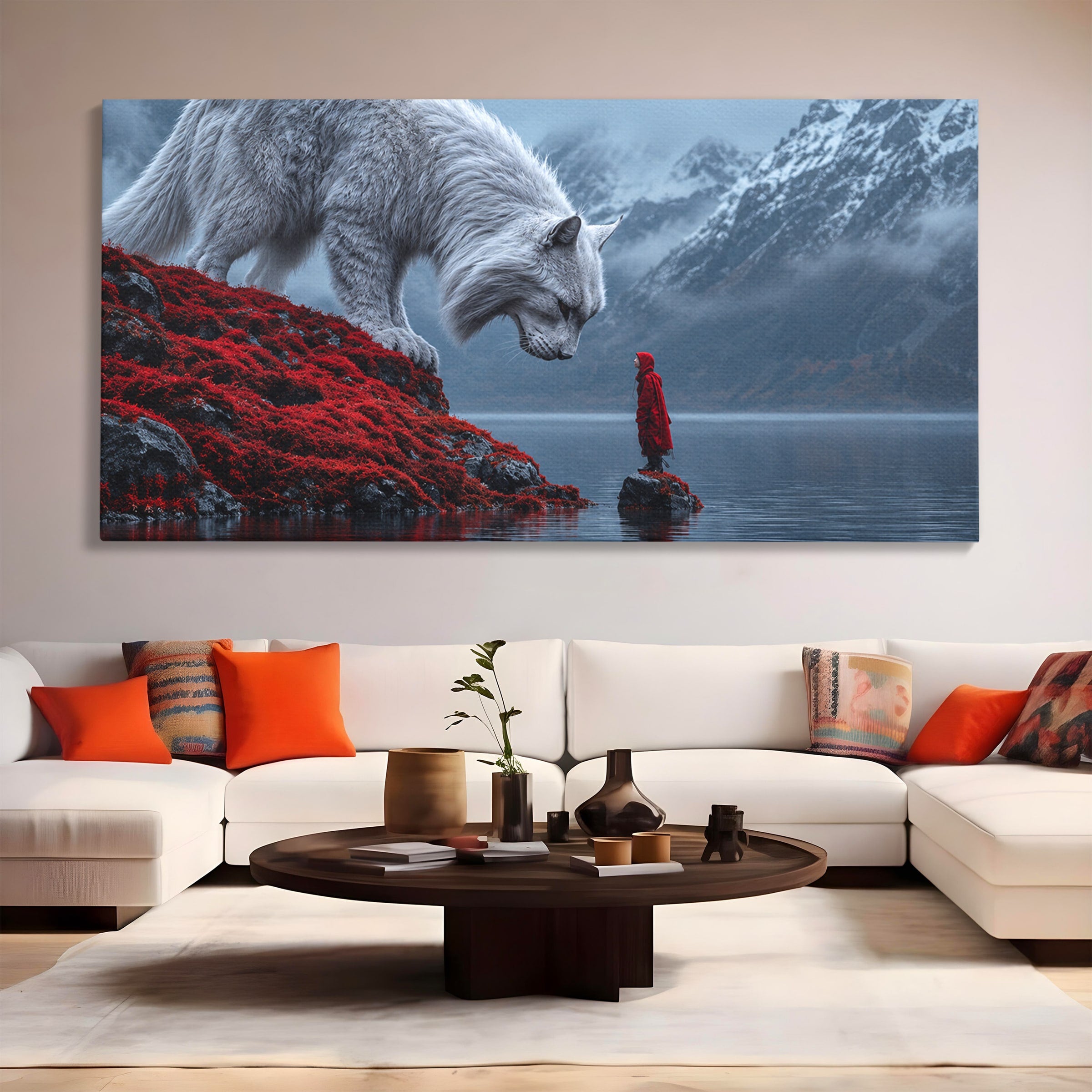 Tablou Canvas Premium LuxCanva® U1080, Intalnirea Cu Lupul Gigant, Lup, Munte, Fantezie, Peisaj, Gigant, Living, Culori Vibrante