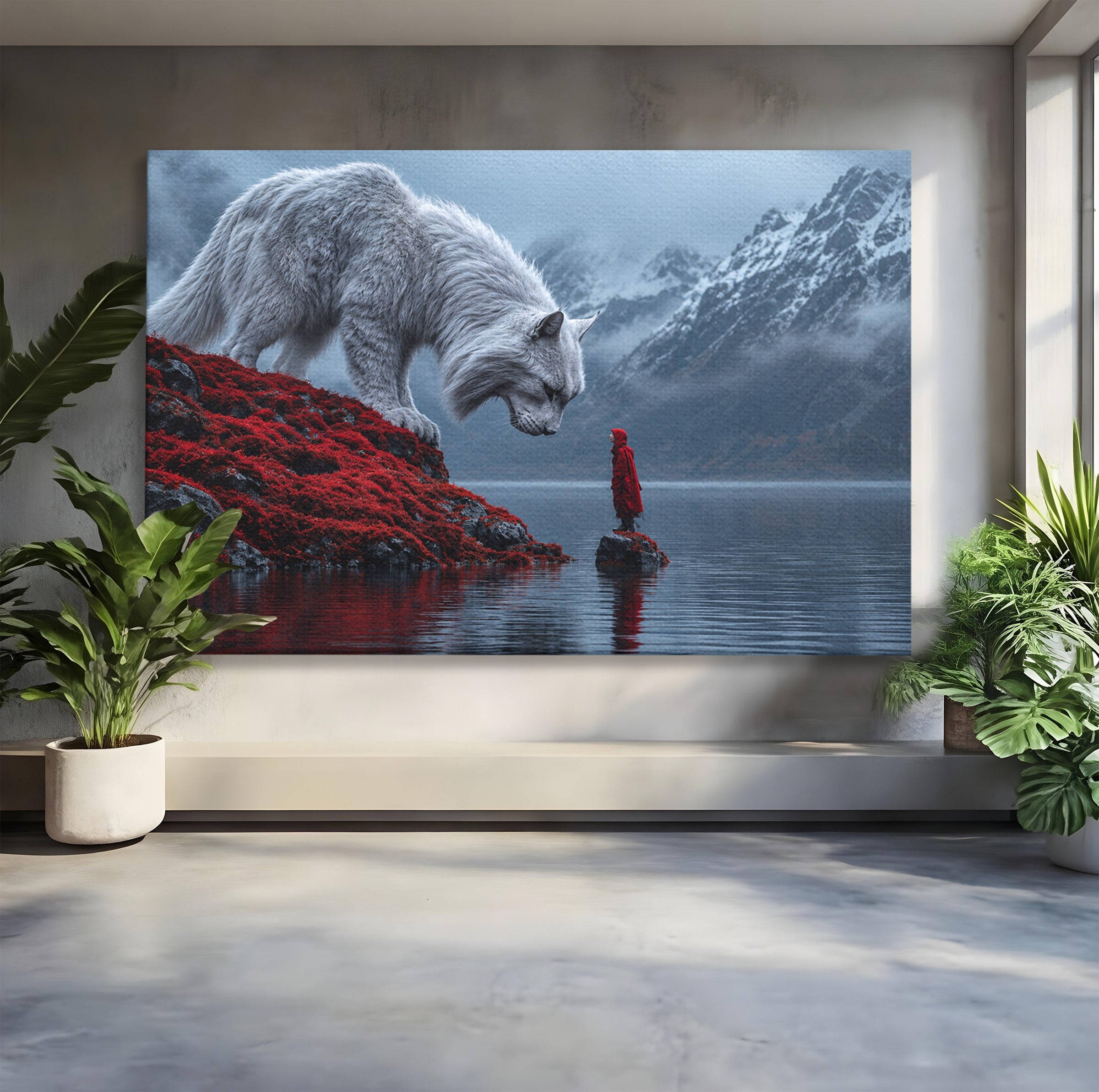 Tablou Canvas Premium LuxCanva® U1080, Intalnirea Cu Lupul Gigant, Lup, Munte, Fantezie, Peisaj, Gigant, Living, Culori Vibrante
