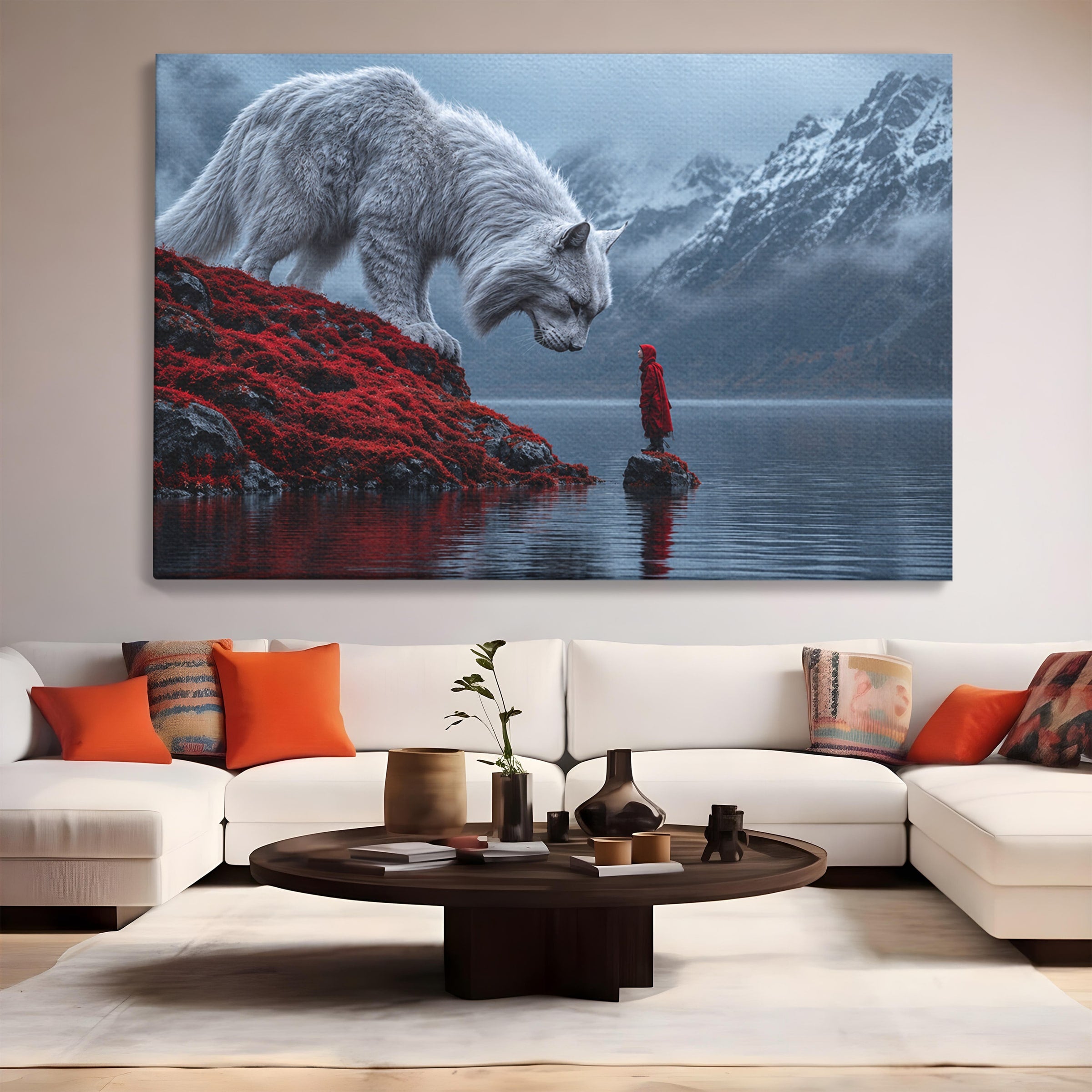 Tablou Canvas Premium LuxCanva® U1080, Intalnirea Cu Lupul Gigant, Lup, Munte, Fantezie, Peisaj, Gigant, Living, Culori Vibrante
