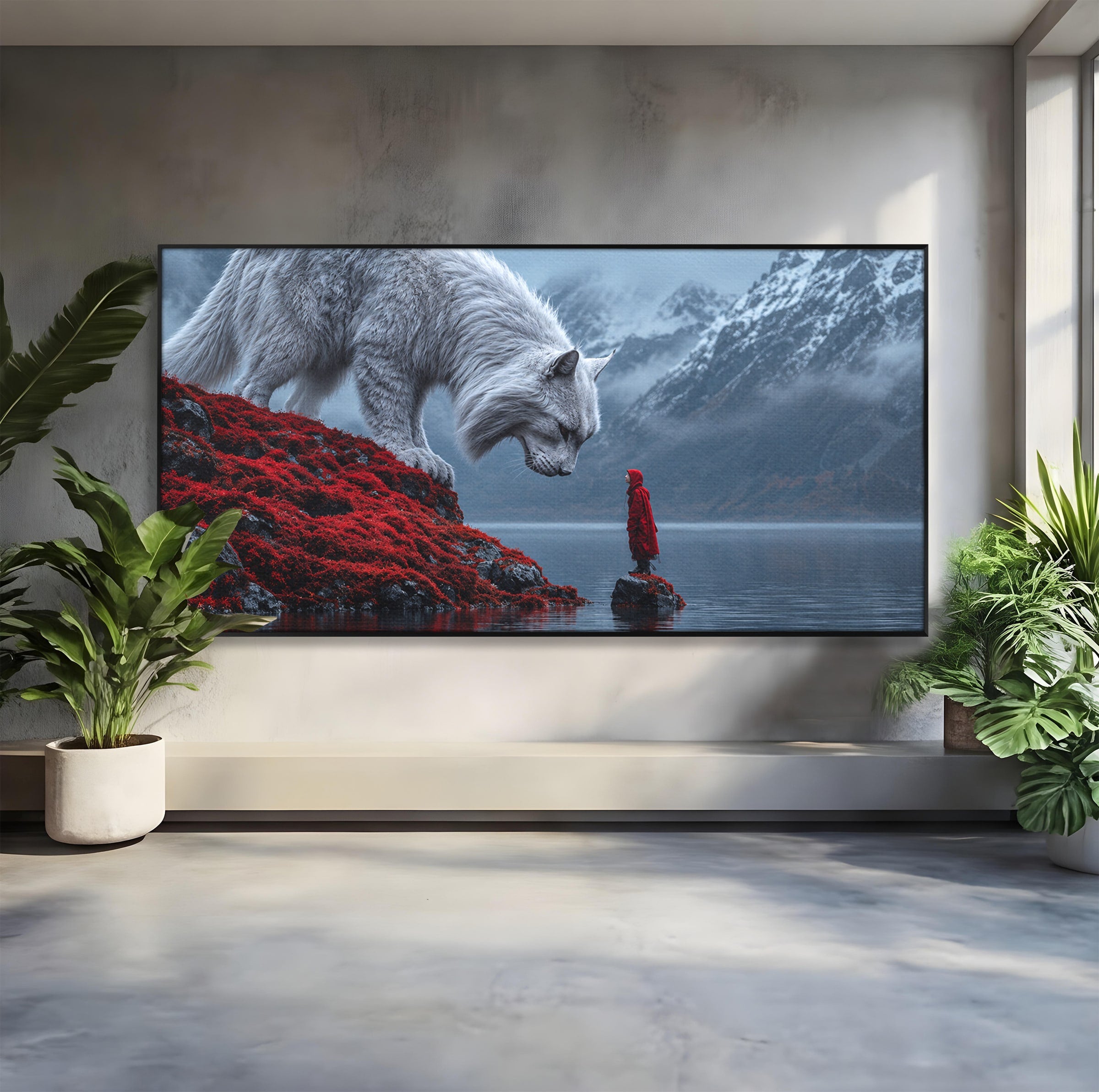Tablou Canvas Premium LuxCanva® U1080, Intalnirea Cu Lupul Gigant, Lup, Munte, Fantezie, Peisaj, Gigant, Living, Culori Vibrante