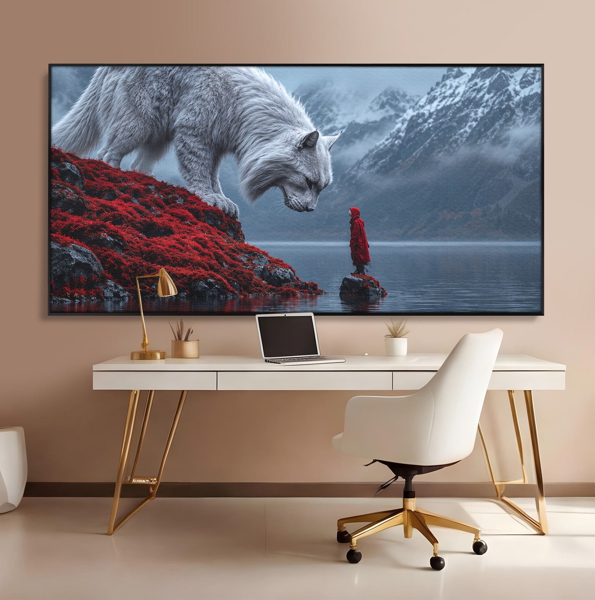 Tablou Canvas Premium LuxCanva® U1080, Intalnirea Cu Lupul Gigant, Lup, Munte, Fantezie, Peisaj, Gigant, Living, Culori Vibrante
