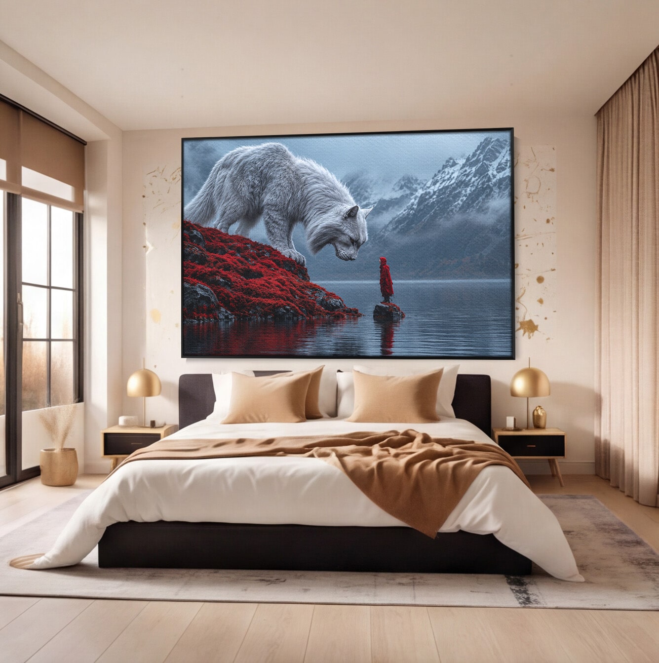 Tablou Canvas Premium LuxCanva® U1080, Intalnirea Cu Lupul Gigant, Lup, Munte, Fantezie, Peisaj, Gigant, Living, Culori Vibrante