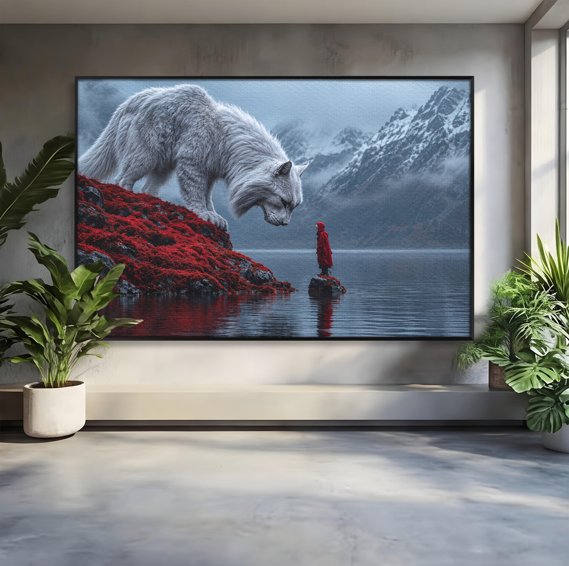 Tablou Canvas Premium LuxCanva® U1080, Intalnirea Cu Lupul Gigant, Lup, Munte, Fantezie, Peisaj, Gigant, Living, Culori Vibrante