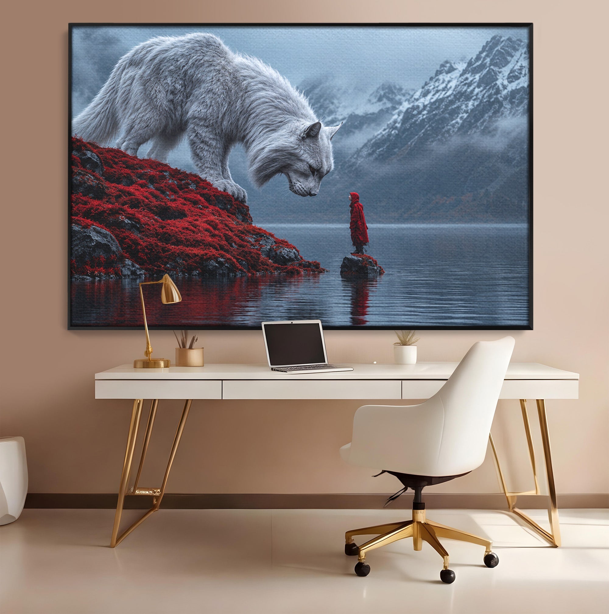 Tablou Canvas Premium LuxCanva® U1080, Intalnirea Cu Lupul Gigant, Lup, Munte, Fantezie, Peisaj, Gigant, Living, Culori Vibrante