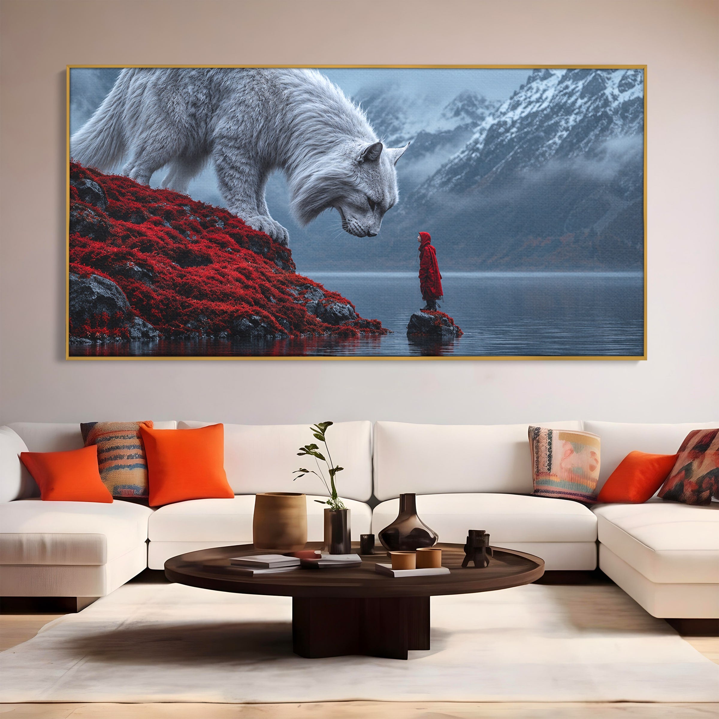 Tablou Canvas Premium LuxCanva® U1080, Intalnirea Cu Lupul Gigant, Lup, Munte, Fantezie, Peisaj, Gigant, Living, Culori Vibrante