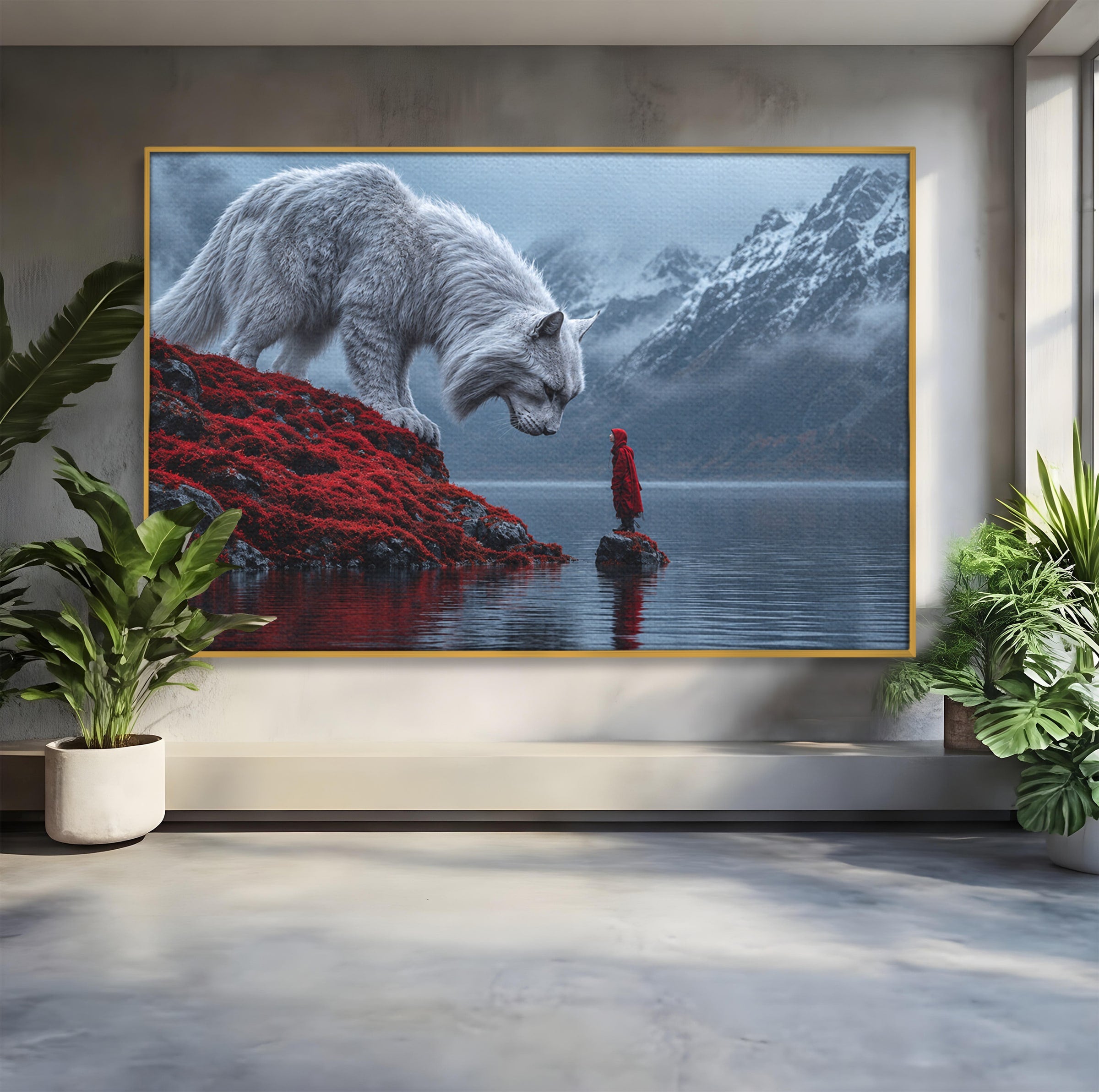 Tablou Canvas Premium LuxCanva® U1080, Intalnirea Cu Lupul Gigant, Lup, Munte, Fantezie, Peisaj, Gigant, Living, Culori Vibrante