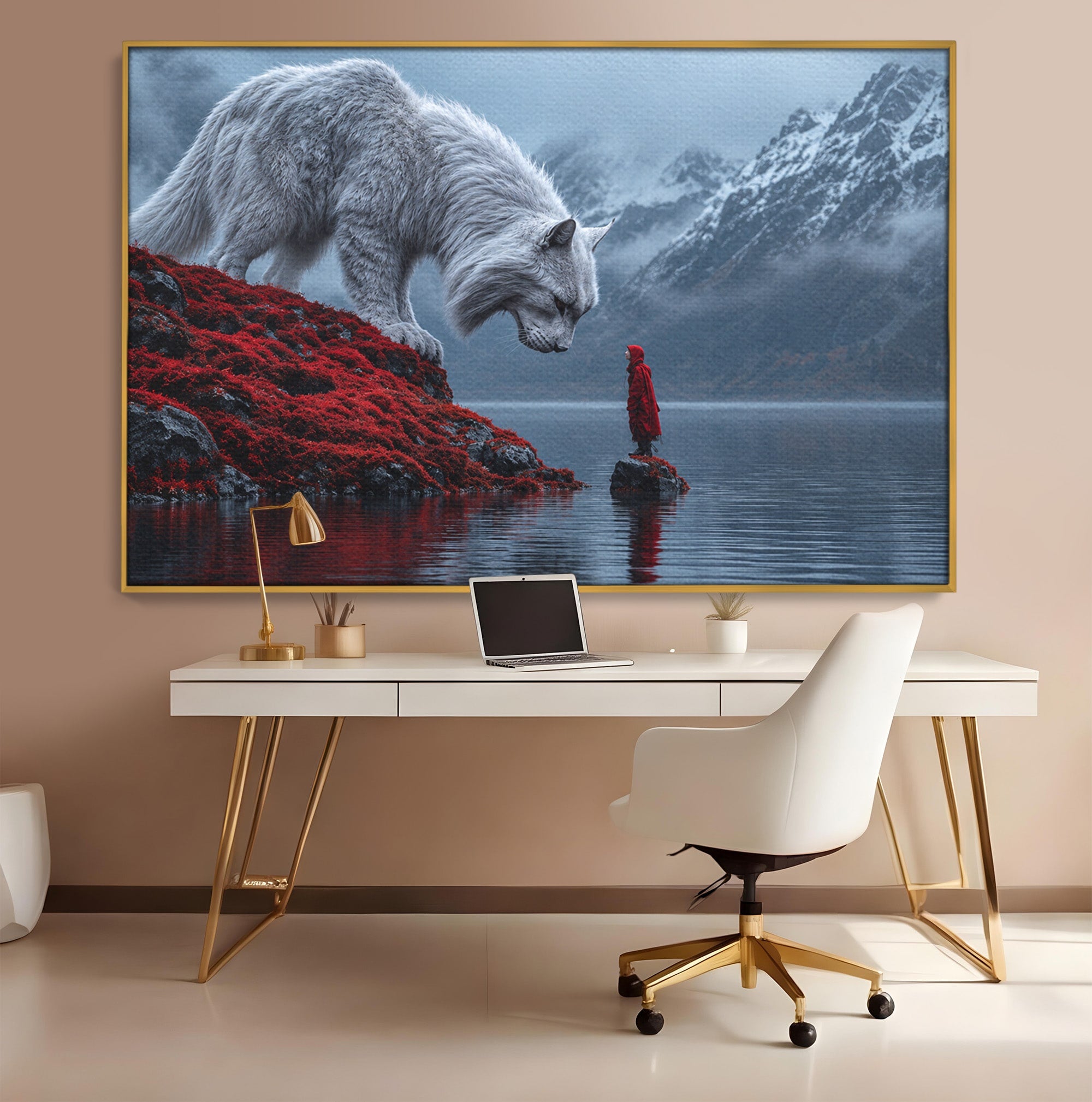 Tablou Canvas Premium LuxCanva® U1080, Intalnirea Cu Lupul Gigant, Lup, Munte, Fantezie, Peisaj, Gigant, Living, Culori Vibrante