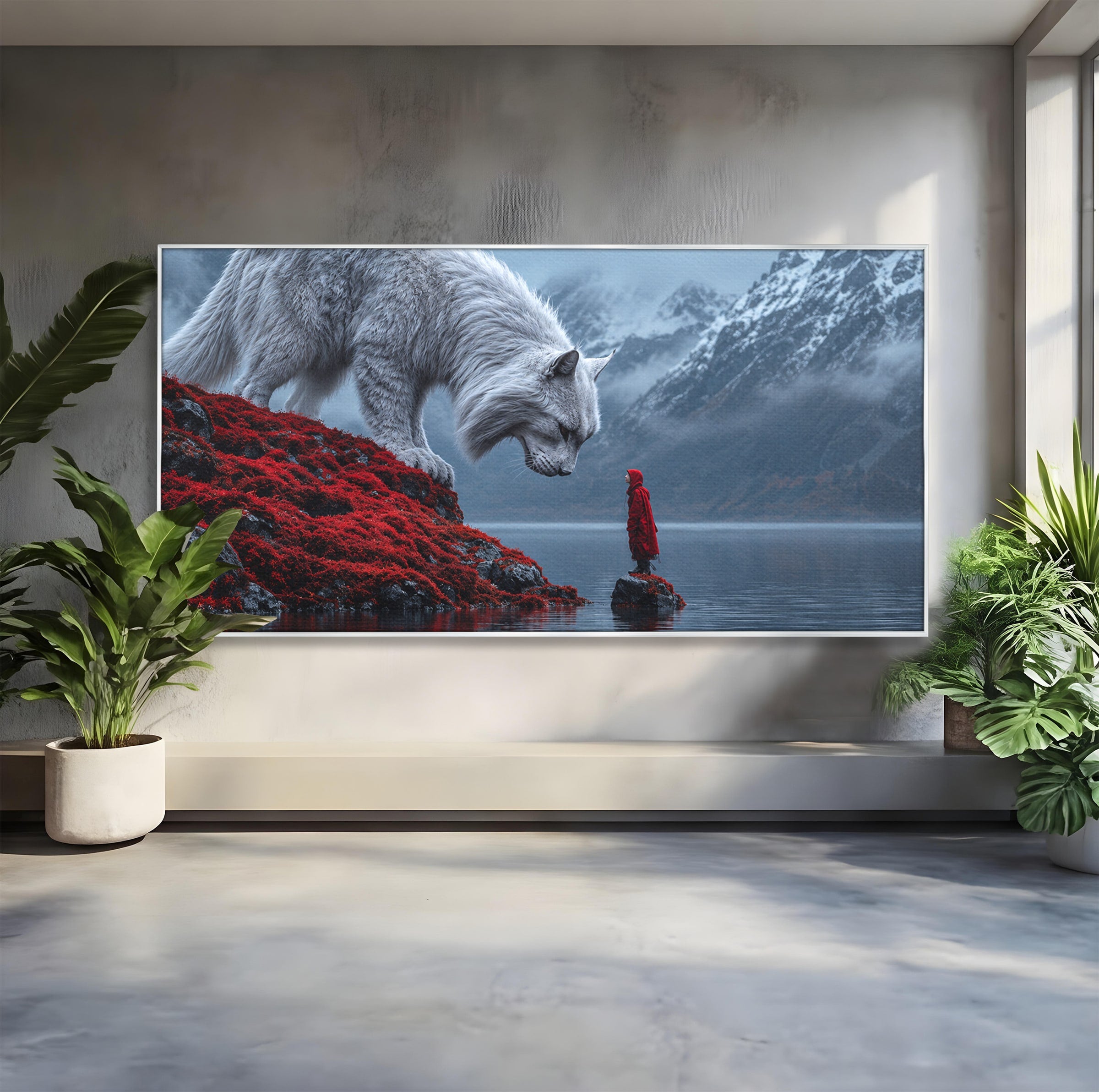 Tablou Canvas Premium LuxCanva® U1080, Intalnirea Cu Lupul Gigant, Lup, Munte, Fantezie, Peisaj, Gigant, Living, Culori Vibrante