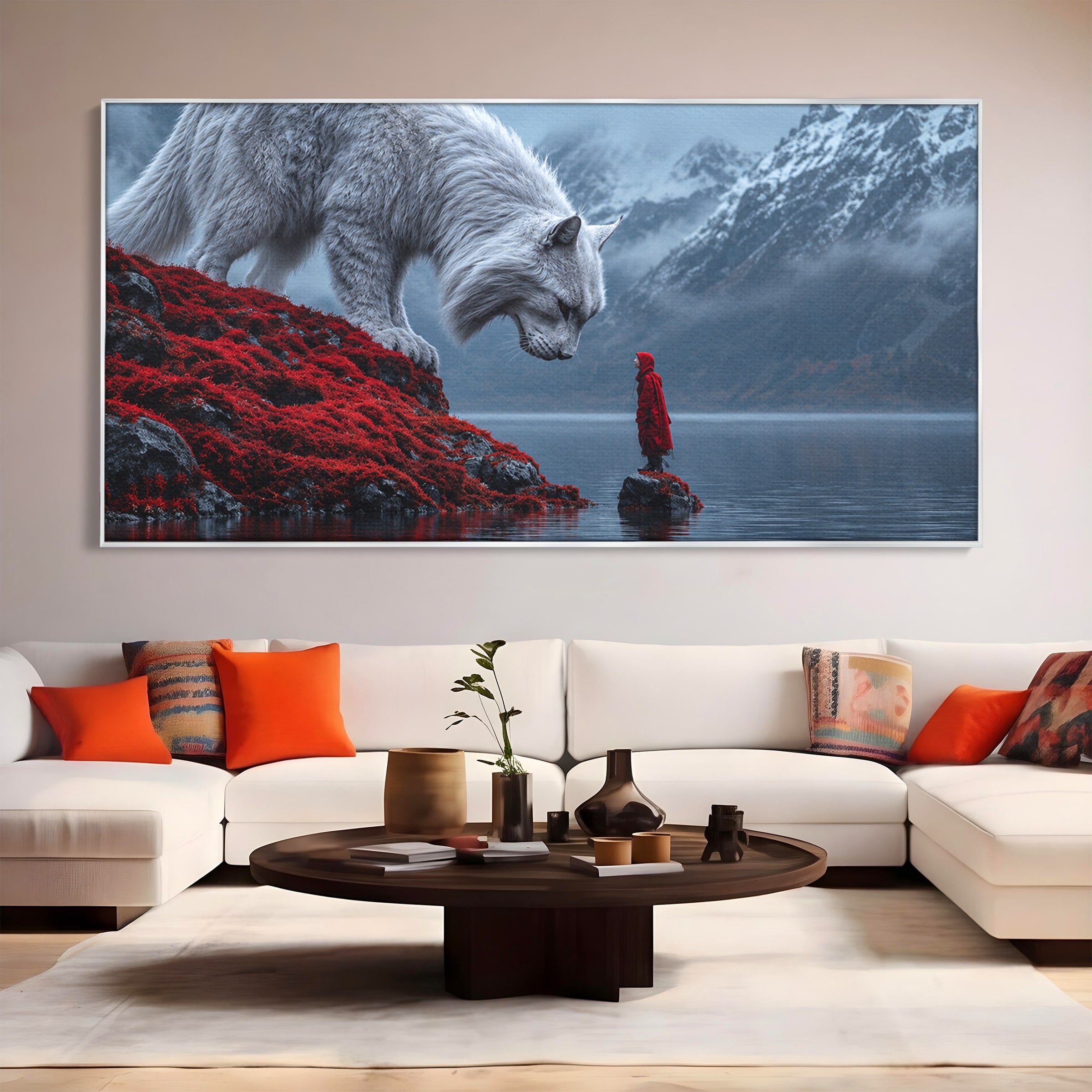 Tablou Canvas Premium LuxCanva® U1080, Intalnirea Cu Lupul Gigant, Lup, Munte, Fantezie, Peisaj, Gigant, Living, Culori Vibrante