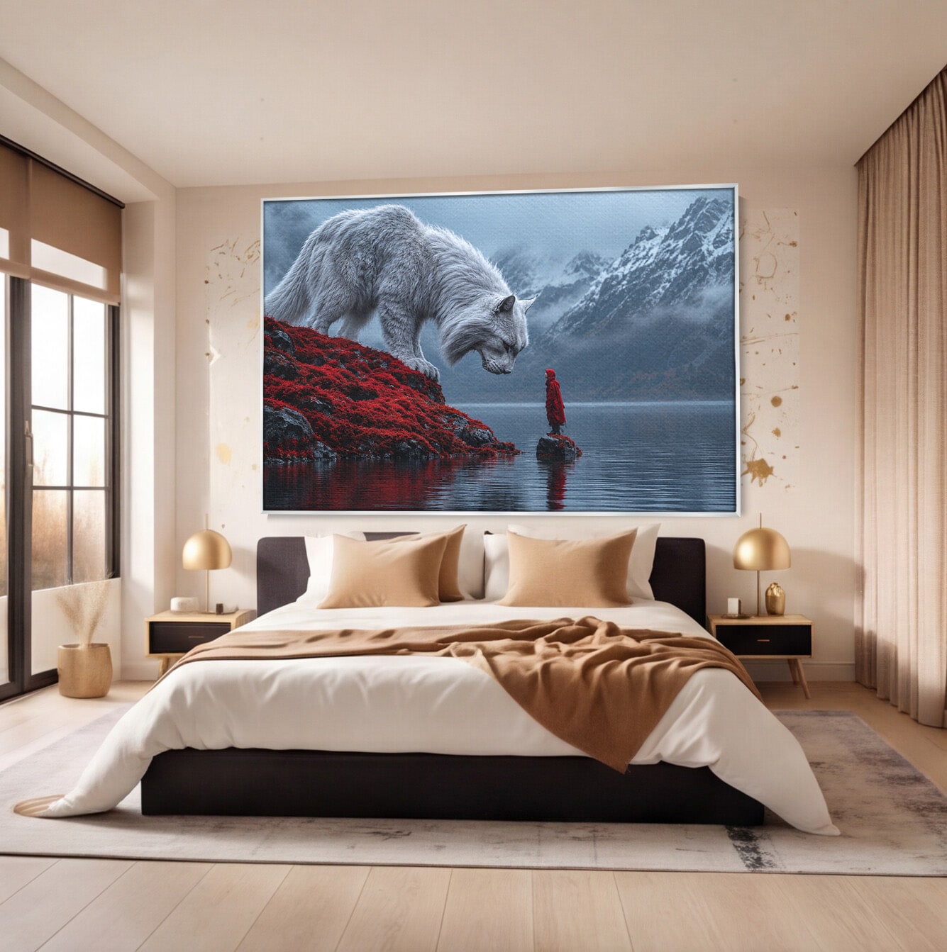 Tablou Canvas Premium LuxCanva® U1080, Intalnirea Cu Lupul Gigant, Lup, Munte, Fantezie, Peisaj, Gigant, Living, Culori Vibrante