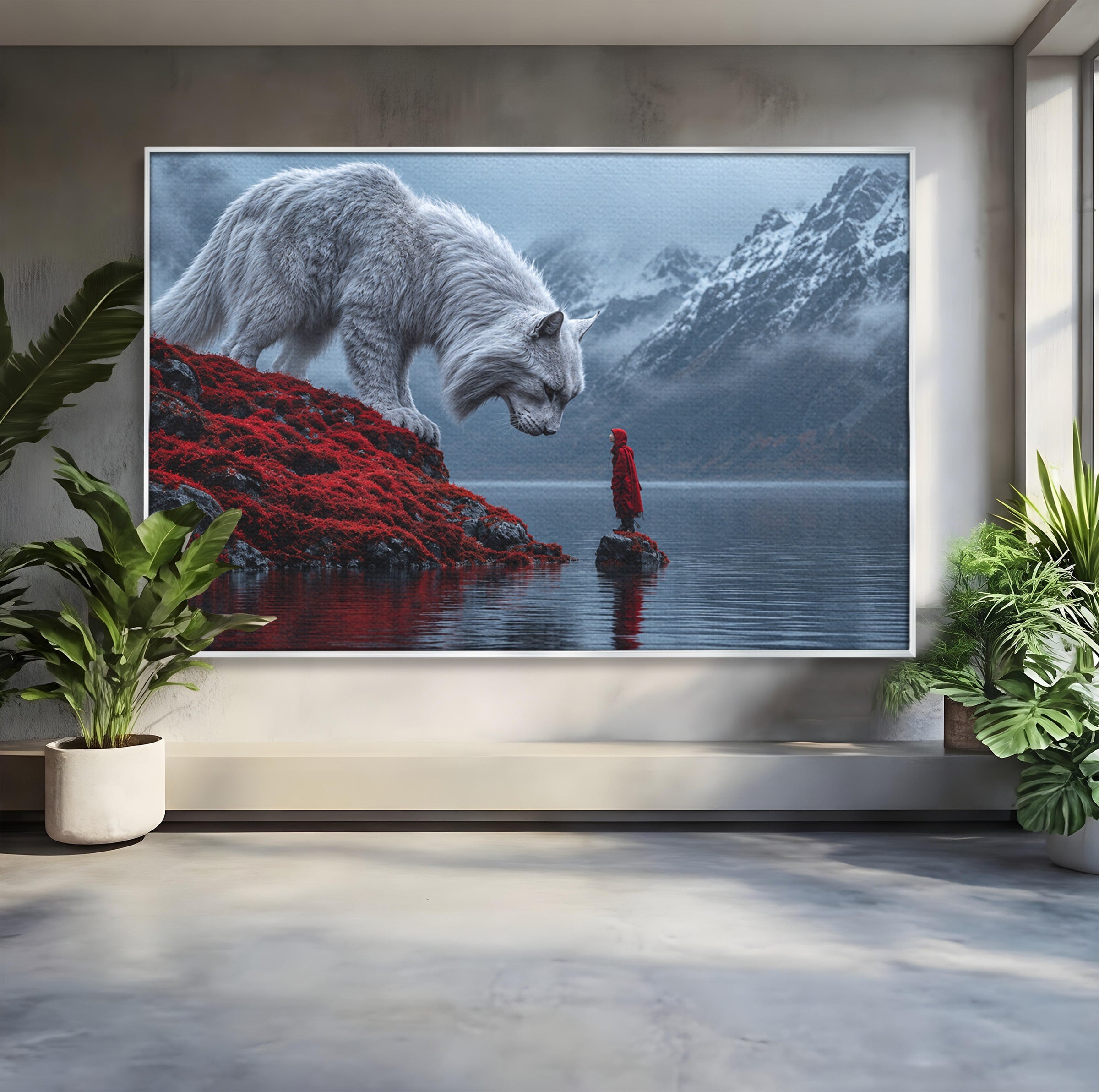 Tablou Canvas Premium LuxCanva® U1080, Intalnirea Cu Lupul Gigant, Lup, Munte, Fantezie, Peisaj, Gigant, Living, Culori Vibrante