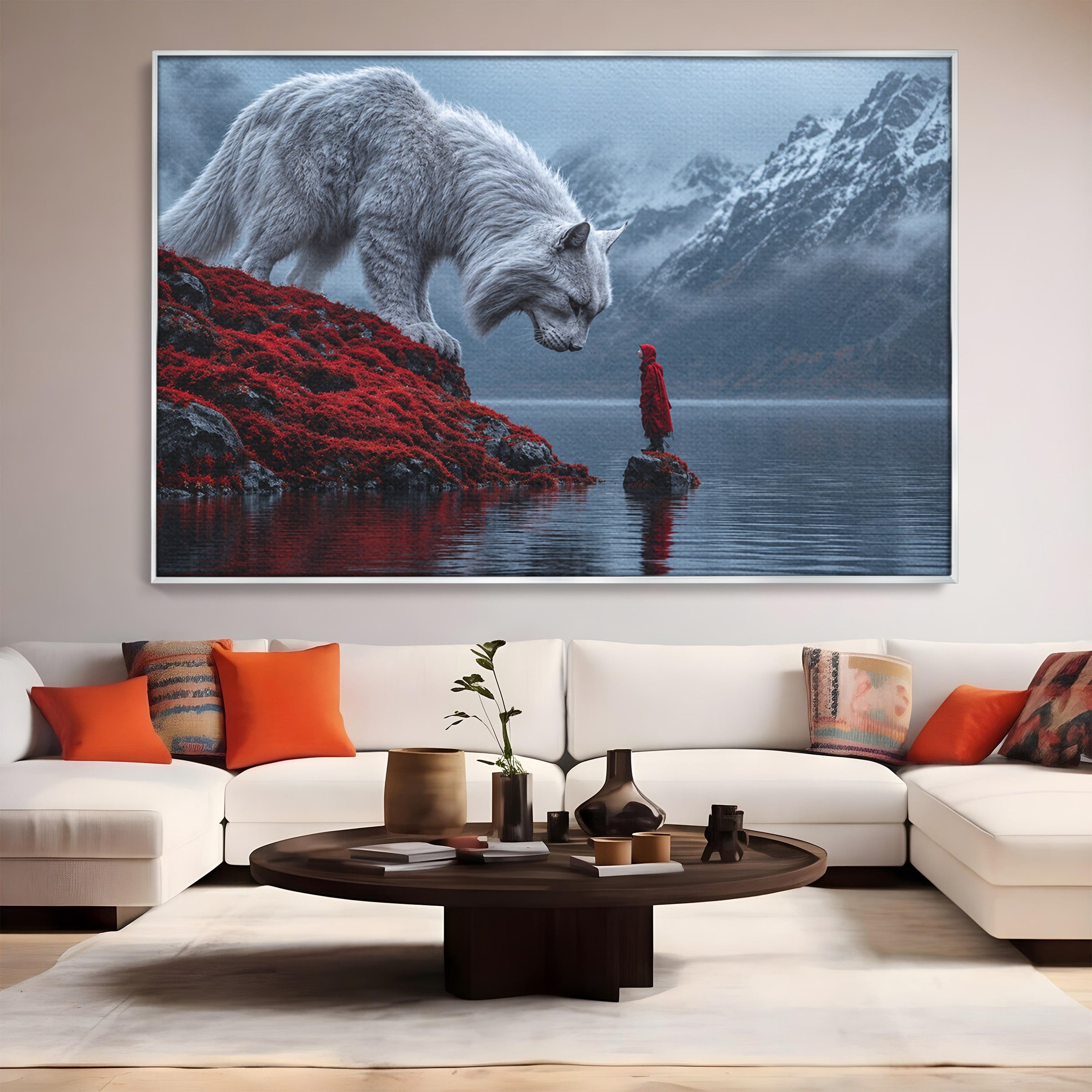 Tablou Canvas Premium LuxCanva® U1080, Intalnirea Cu Lupul Gigant, Lup, Munte, Fantezie, Peisaj, Gigant, Living, Culori Vibrante