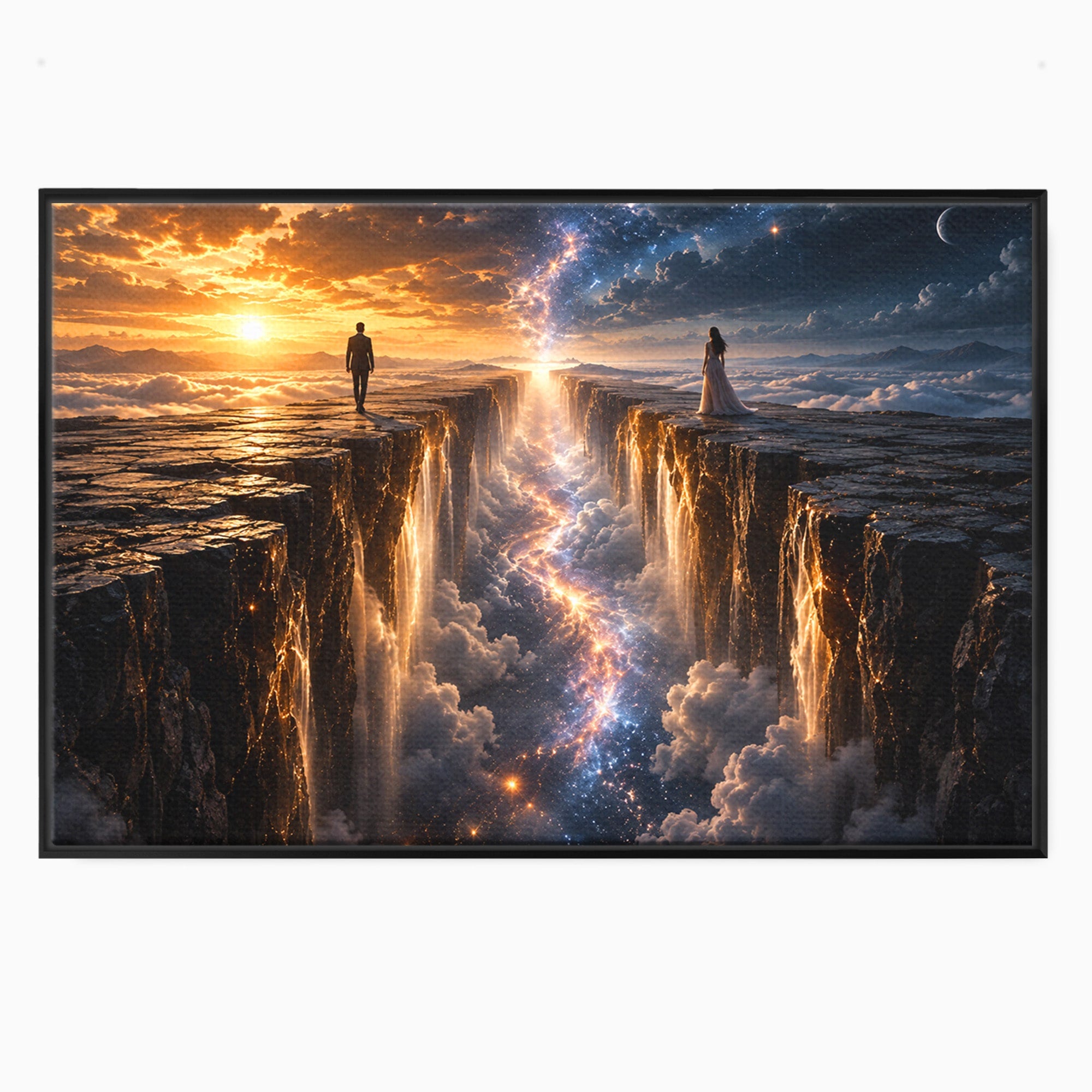 Tablou Canvas Premium LuxCanva® U1083, Intalnirea Pe Podul Cerului, Apus, Cuplu, Natura, Fantezie, Dormitor, Culori Vibrante