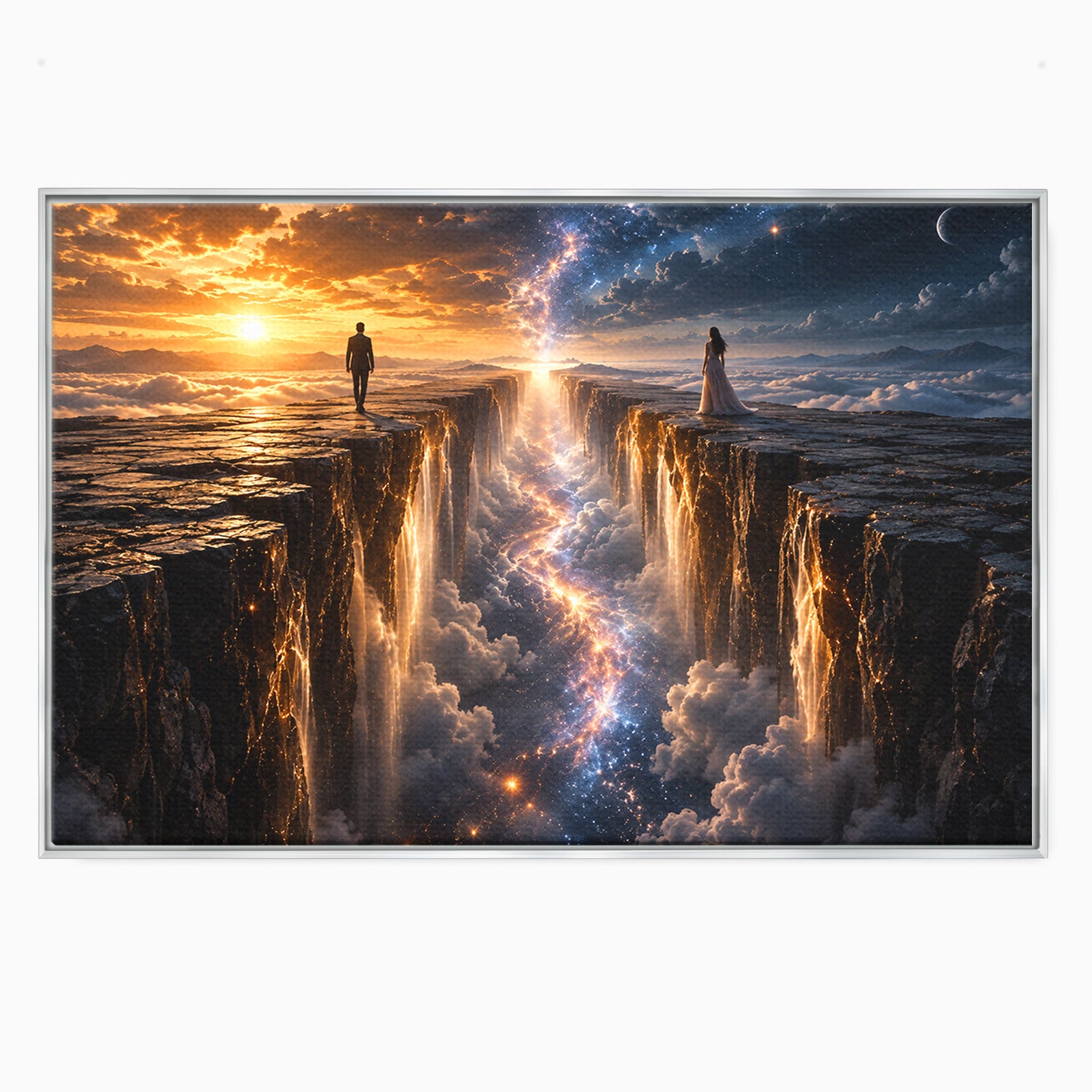 Tablou Canvas Premium LuxCanva® U1083, Intalnirea Pe Podul Cerului, Apus, Cuplu, Natura, Fantezie, Dormitor, Culori Vibrante