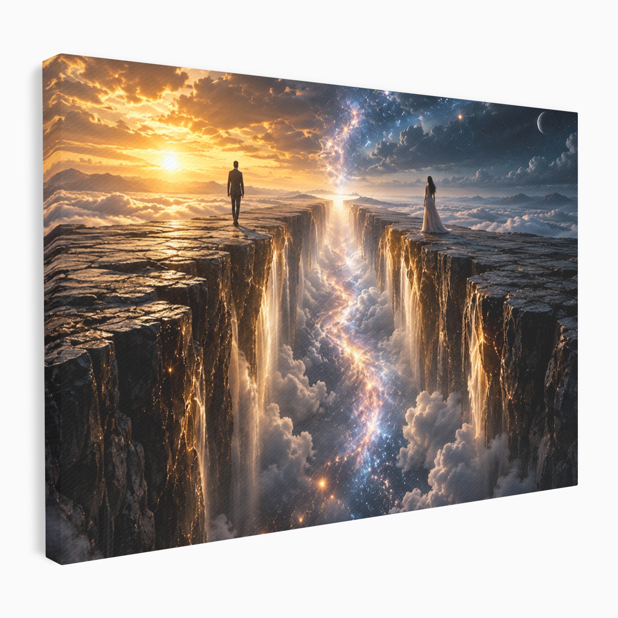 Tablou Canvas Premium LuxCanva® U1083, Intalnirea Pe Podul Cerului, Apus, Cuplu, Natura, Fantezie, Dormitor, Culori Vibrante