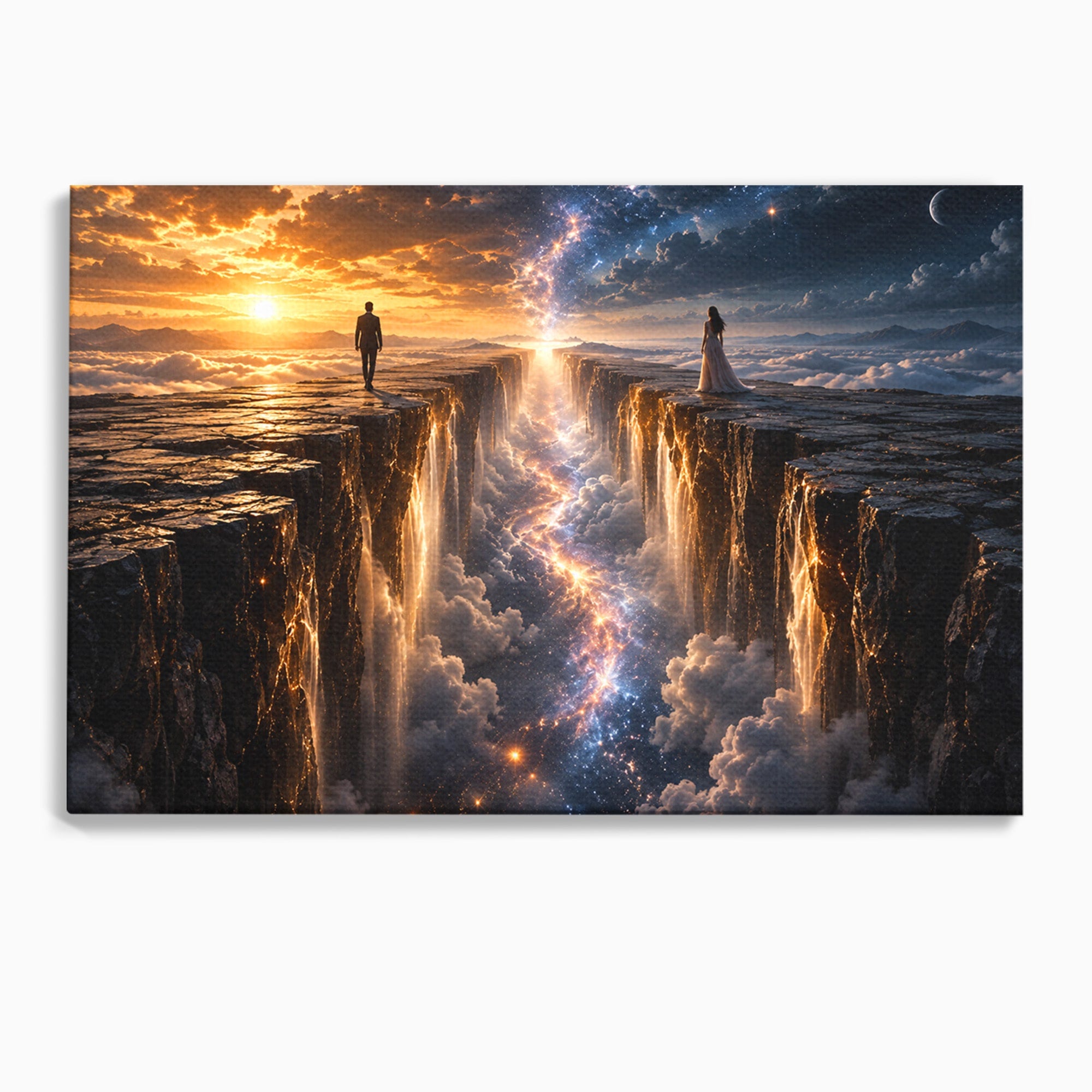 Tablou Canvas Premium LuxCanva® U1083, Intalnirea Pe Podul Cerului, Apus, Cuplu, Natura, Fantezie, Dormitor, Culori Vibrante